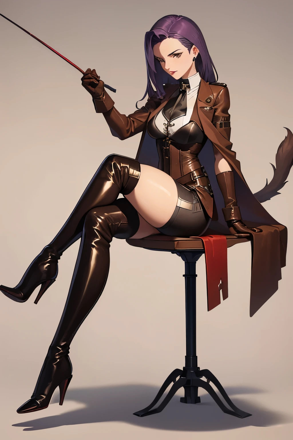 defsonya, purple hair, (((full body))), jodhpurs, riding pants, tight pants, (pants), beige pants riding coat, (((tailcoat))), red tailcoat, equestrian, equestrienne, ((riding crop)), (((brown leather thigh high boots))), (((brown leather thigh-high boots))), (((brown boots))), (((brown leather gloves))), ((opera gloves)), gloves, ((jockey)), heel being shown, using riding crop, ((stiletto heel)), pointy heel, ((sitting on saddle)), ((brown saddle)), ((riding saddle)), legs across saddle, sitting pretty, White background, no background, bell bottoms