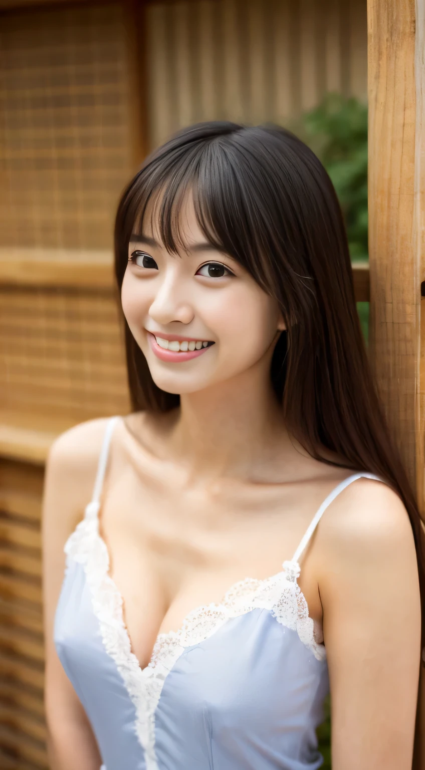 Japanese ),((beautiful girl)),cleavage,An expression that imagines something pleasant:1.2,(perfect body beauty:1.2),((perfect body)),(shy smile),beautiful teeth,