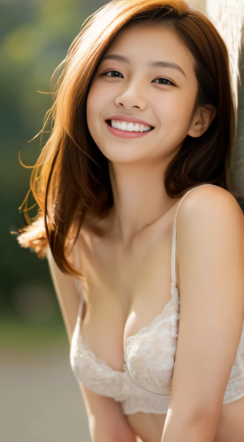Japanese ),((beautiful girl)),cleavage,An expression that imagines something pleasant:1.2,(perfect body beauty:1.2),((perfect body)),(shy smile),beautiful teeth,