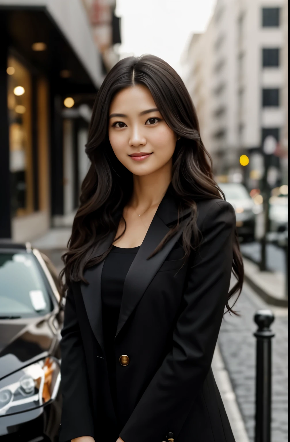 1 Japanese adult female, long hair, curly hair, black hair color, smooth skin, brown eyes, To smile, vegetation, hour々, business woman style clothes, random blazer, realist, With luxury restaurant background, 8k super realist, super detalhado e realist、front
