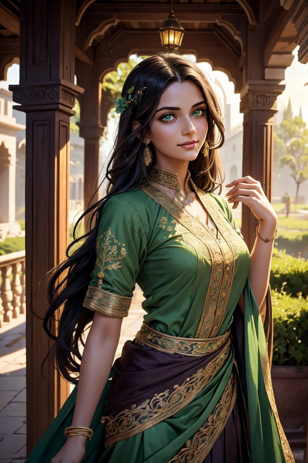 A stunning Indian beauty, with dark brown-black long wavy long hair, with mesmerizing feature with a Hopeful smiling expression, finely detailed eyes, happy mood masterpiece, top quality, best quality, official art, beautiful and aesthetic:1.2), (1girl), extreme detailed,(fractal art:1.3), colorful, highest detailed, (masterpiece, best quality:1.3) 1 bright-green-eyed woman, professional digital painting, Unreal Engine 5. In a 1920 setting, holding lavender flowers at a Lavender flower farm, wearing 1930 style clothing, South-Indian woman, olive-skinned woman, masterpiece, top quality, best quality, official art, beautiful and aesthetic:1.2), (1girl), extreme detailed,(fractal art:1.3), colorful, highest detailed, (masterpiece, best quality:1.3) 1 green-eyed woman, professional digital painting, Unreal Engine 5. Wearing embroidered Indian silk linen blouse, Wearing long pleated skirt, Wearing Moleskin Field Jacket. Long hair, hopeful expression, finely detailed eyes, smiling, epic scene, epic composition, Cinematic Lighting, Volumetric Lighting, ethereal light, intricate details, extremely detailed volumetric rays. Green Eyes. [Beautiful girl, linen shirt and pants, oil painting, Detailed facial features, Sunlight, bright colors, dramatic lighting, expressive eyes and lips, High Resolution, 4K quality, Photorealistic] 1920 clothing, 1930 clothing,
