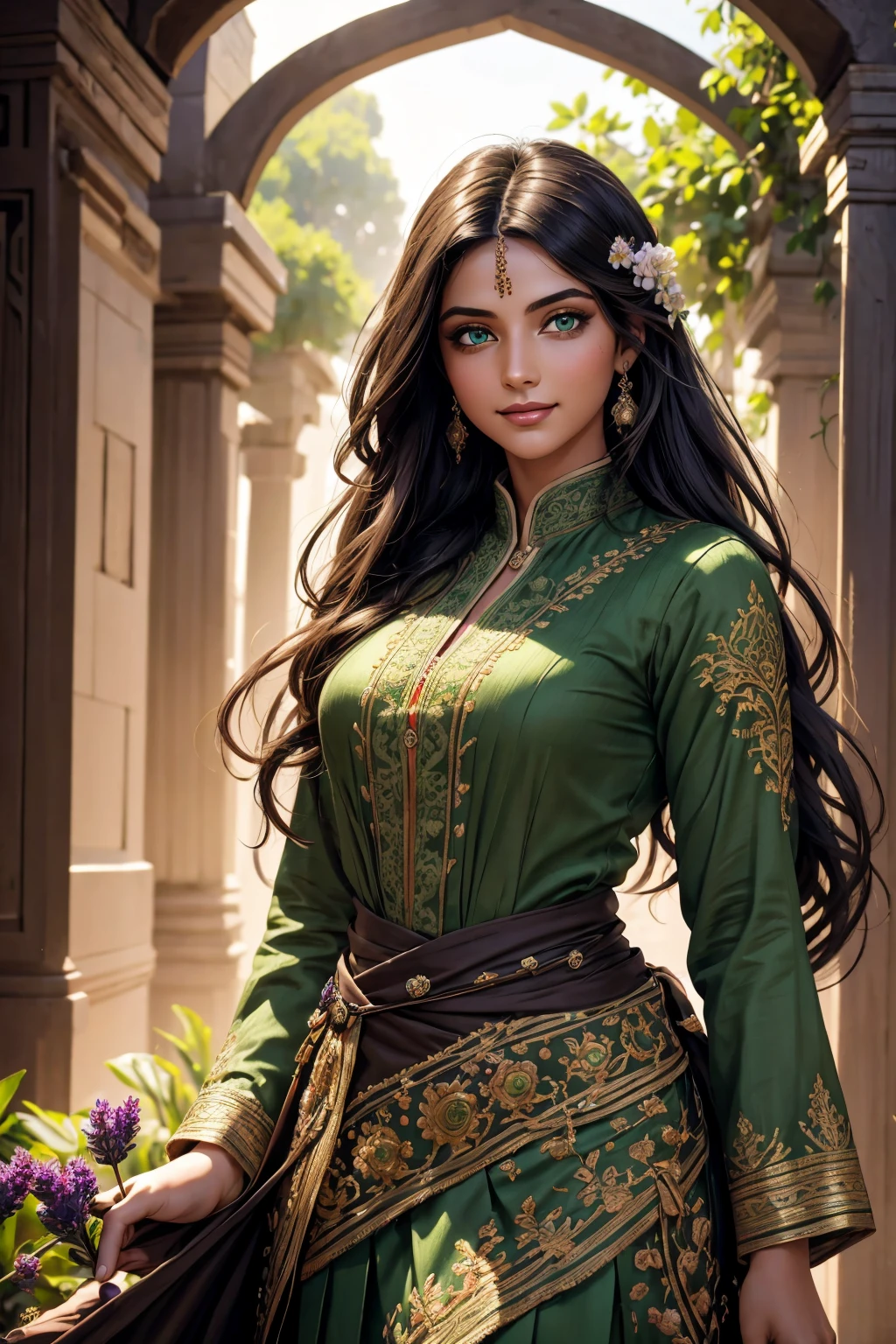 A stunning Indian beauty, with dark brown-black long wavy long hair, with mesmerizing feature with a Hopeful smiling expression, finely detailed eyes, happy mood masterpiece, top quality, best quality, official art, beautiful and aesthetic:1.2), (1girl), extreme detailed,(fractal art:1.3), colorful, highest detailed, (masterpiece, best quality:1.3) 1 bright-green-eyed woman, professional digital painting, Unreal Engine 5. In a 1920 setting, holding lavender flowers at a Lavender flower farm, wearing 1930 style clothing, South-Indian woman, olive-skinned woman, masterpiece, top quality, best quality, official art, beautiful and aesthetic:1.2), (1girl), extreme detailed,(fractal art:1.3), colorful, highest detailed, (masterpiece, best quality:1.3) 1 green-eyed woman, professional digital painting, Unreal Engine 5. Wearing embroidered Indian silk linen blouse, Wearing long pleated skirt, Wearing Moleskin Field Jacket. Long hair, hopeful expression, finely detailed eyes, smiling, epic scene, epic composition, Cinematic Lighting, Volumetric Lighting, ethereal light, intricate details, extremely detailed volumetric rays. Green Eyes. [Beautiful girl, linen shirt and pants, oil painting, Detailed facial features, Sunlight, bright colors, dramatic lighting, expressive eyes and lips, High Resolution, 4K quality, Photorealistic] 1920 clothing, 1930 clothing,
