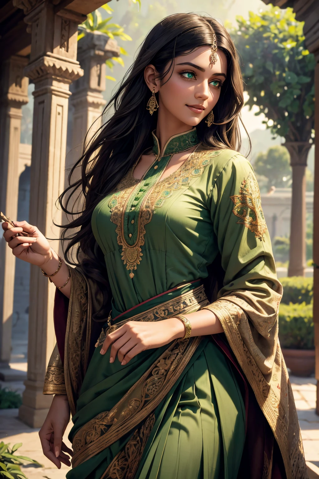 A stunning Indian beauty, with dark brown-black long wavy long hair, with mesmerizing feature with a Hopeful smiling expression, finely detailed eyes, happy mood masterpiece, top quality, best quality, official art, beautiful and aesthetic:1.2), (1girl), extreme detailed,(fractal art:1.3), colorful, highest detailed, (masterpiece, best quality:1.3) 1 bright-green-eyed woman, professional digital painting, Unreal Engine 5. In a 1920 setting, holding lavender flowers at a Lavender flower farm, wearing 1930 style clothing, South-Indian woman, olive-skinned woman, masterpiece, top quality, best quality, official art, beautiful and aesthetic:1.2), (1girl), extreme detailed,(fractal art:1.3), colorful, highest detailed, (masterpiece, best quality:1.3) 1 green-eyed woman, professional digital painting, Unreal Engine 5. Wearing embroidered Indian silk linen blouse, Wearing long pleated skirt, Wearing Moleskin Field Jacket. Long hair, hopeful expression, finely detailed eyes, smiling, epic scene, epic composition, Cinematic Lighting, Volumetric Lighting, ethereal light, intricate details, extremely detailed volumetric rays. Green Eyes. [Beautiful girl, linen shirt and pants, oil painting, Detailed facial features, Sunlight, bright colors, dramatic lighting, expressive eyes and lips, High Resolution, 4K quality, Photorealistic] 1920 clothing, 1930 clothing,

