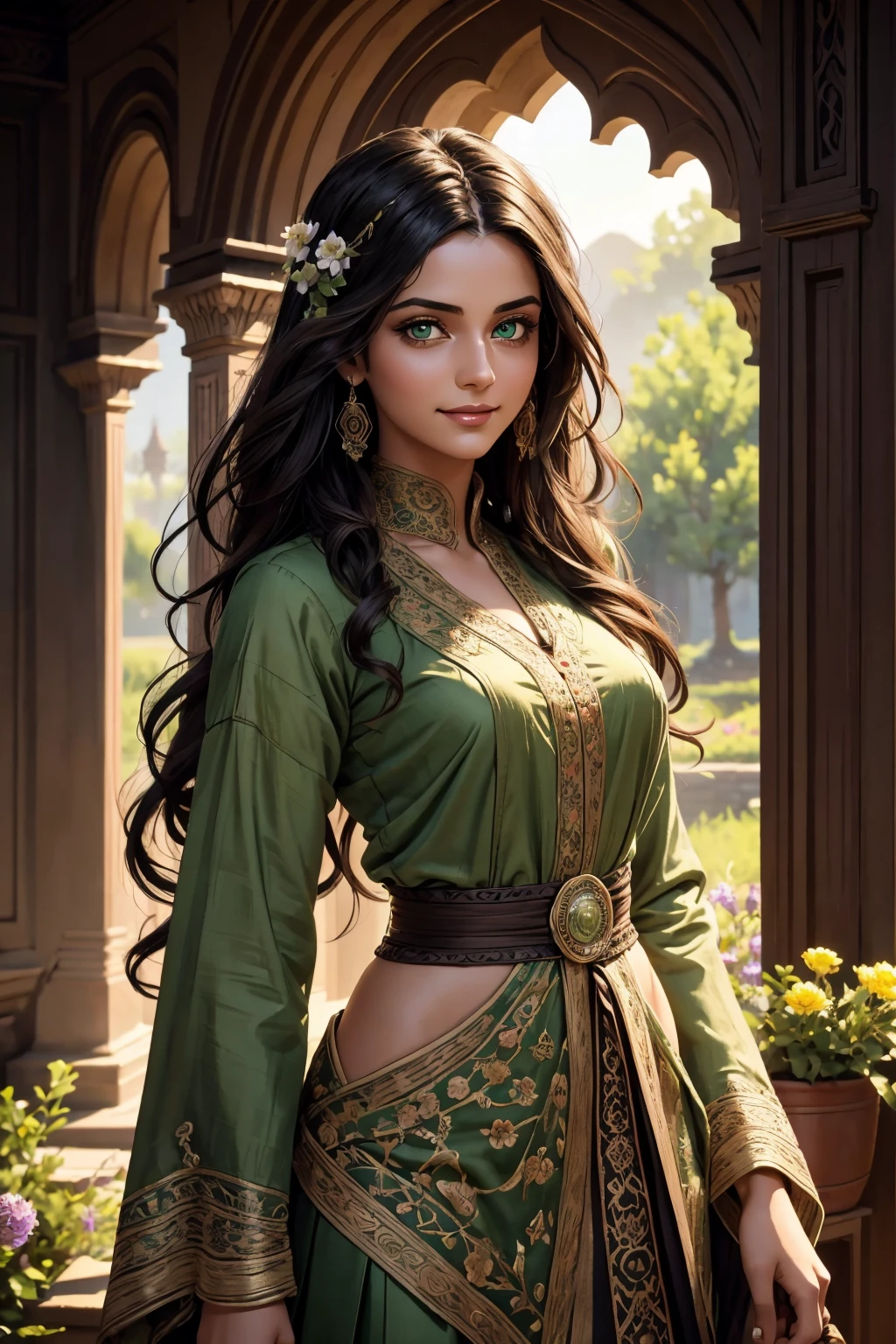 A stunning Indian beauty, with dark brown-black long wavy long hair, with mesmerizing feature with a Hopeful smiling expression, finely detailed eyes, happy mood masterpiece, top quality, best quality, official art, beautiful and aesthetic:1.2), (1girl), extreme detailed,(fractal art:1.3), colorful, highest detailed, (masterpiece, best quality:1.3) 1 bright-green-eyed woman, professional digital painting, Unreal Engine 5. In a 1920 setting, holding lavender flowers at a Lavender flower farm, wearing 1930 style clothing, South-Indian woman, olive-skinned woman, masterpiece, top quality, best quality, official art, beautiful and aesthetic:1.2), (1girl), extreme detailed,(fractal art:1.3), colorful, highest detailed, (masterpiece, best quality:1.3) 1 green-eyed woman, professional digital painting, Unreal Engine 5. Wearing embroidered Indian silk linen blouse, Wearing long pleated skirt, Wearing Moleskin Field Jacket. Long hair, hopeful expression, finely detailed eyes, smiling, epic scene, epic composition, Cinematic Lighting, Volumetric Lighting, ethereal light, intricate details, extremely detailed volumetric rays. Green Eyes. [Beautiful girl, linen shirt and pants, oil painting, Detailed facial features, Sunlight, bright colors, dramatic lighting, expressive eyes and lips, High Resolution, 4K quality, Photorealistic] 1920 clothing, 1930 clothing,
