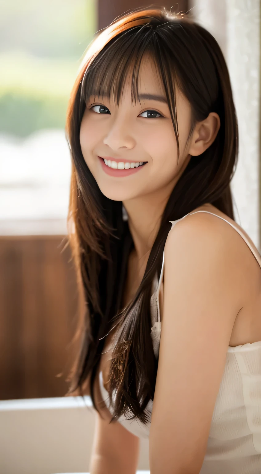 masterpiece,best quality,(Japanese ),((Beautiful girl)),cleavage,indoor,(perfect body beauty:1.2),(shy smile),beautiful teeth,