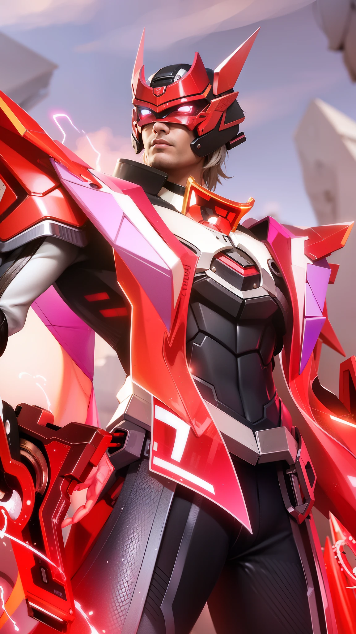 masculine male, masterpiece, best quality, (semirealism:1.9), beautiful lighting, (extremely detailed CG unity 4k fhd wallpaper), High Detail, Sharp focus, dramatic outdoors, there is a man with a gun and a woman with a gun, a close up of a person with a red and black outfit, sharp silver armor fuchsia skin, official splash art, red armor, red aura.