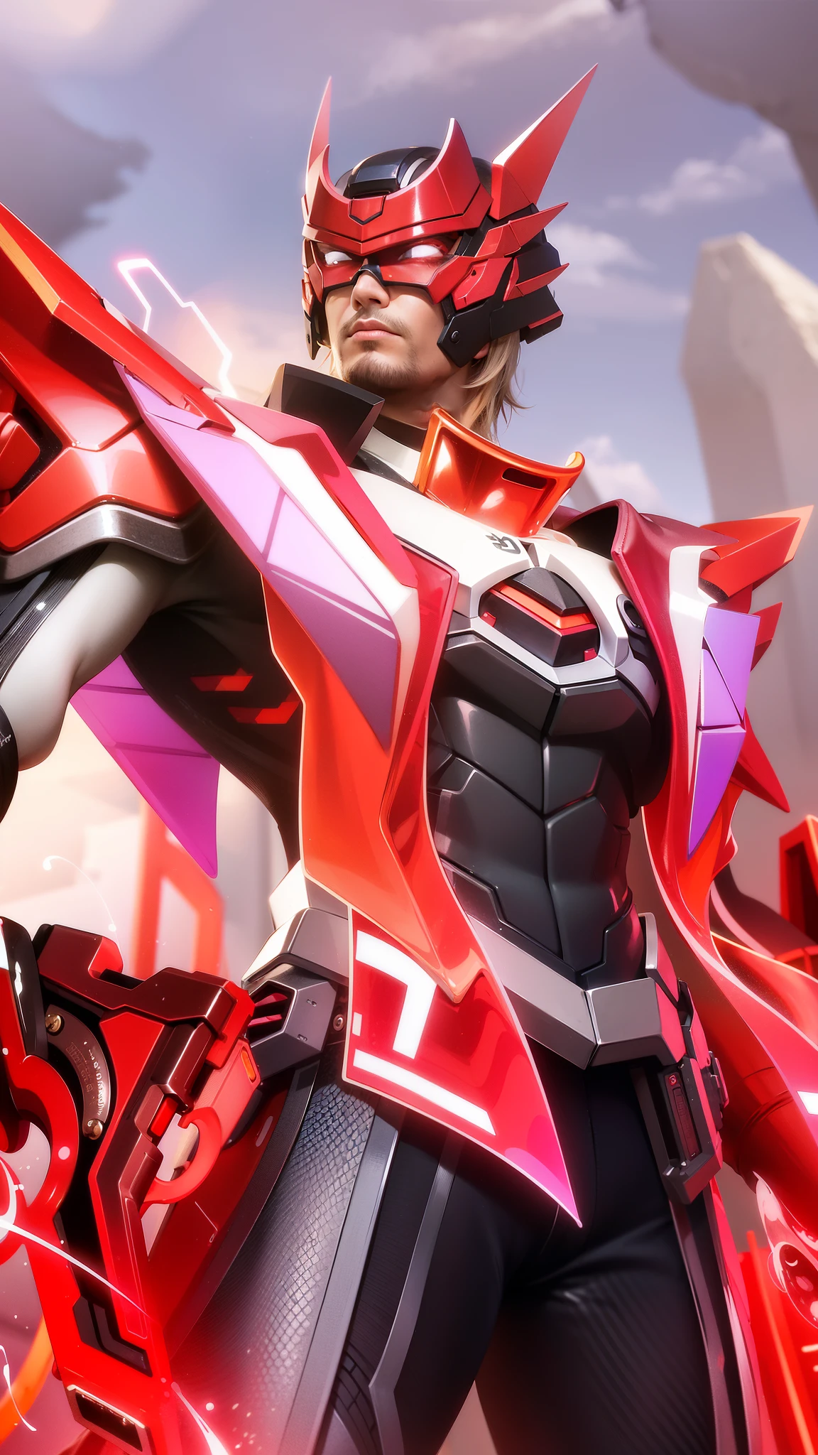 masculine male, masterpiece, best quality, (semirealism:1.9), beautiful lighting, (extremely detailed CG unity 4k fhd wallpaper), High Detail, Sharp focus, dramatic outdoors, there is a man with a gun and a woman with a gun, a close up of a person with a red and black outfit, sharp silver armor fuchsia skin, official splash art, red armor, red aura.