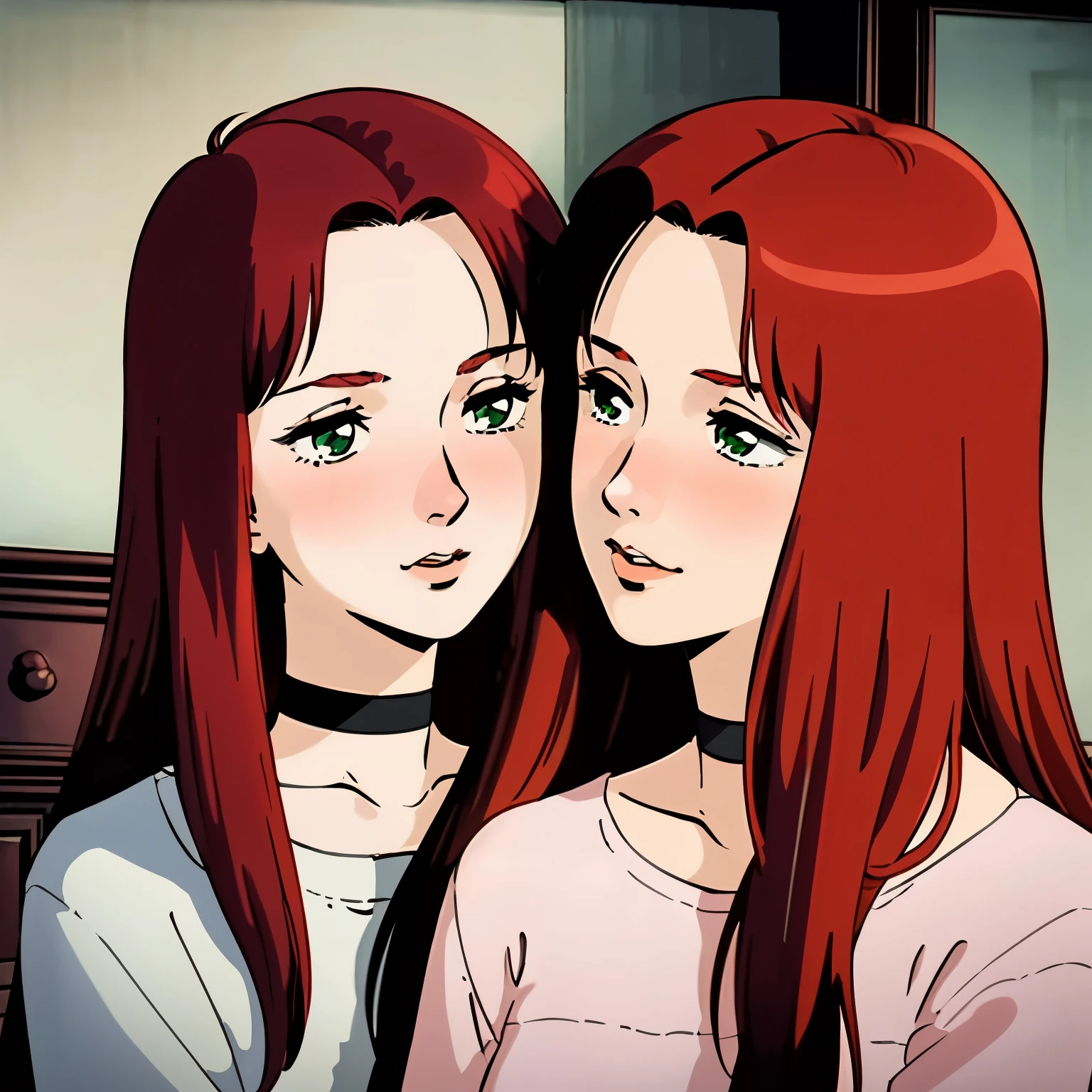 masterpiece,high quality,2people,nsfw, christinamackenzie,2girls, bedroom, kissing, making out, choker, face blush, pale skin, long hair,parted bangs,red hair,green eyes, 