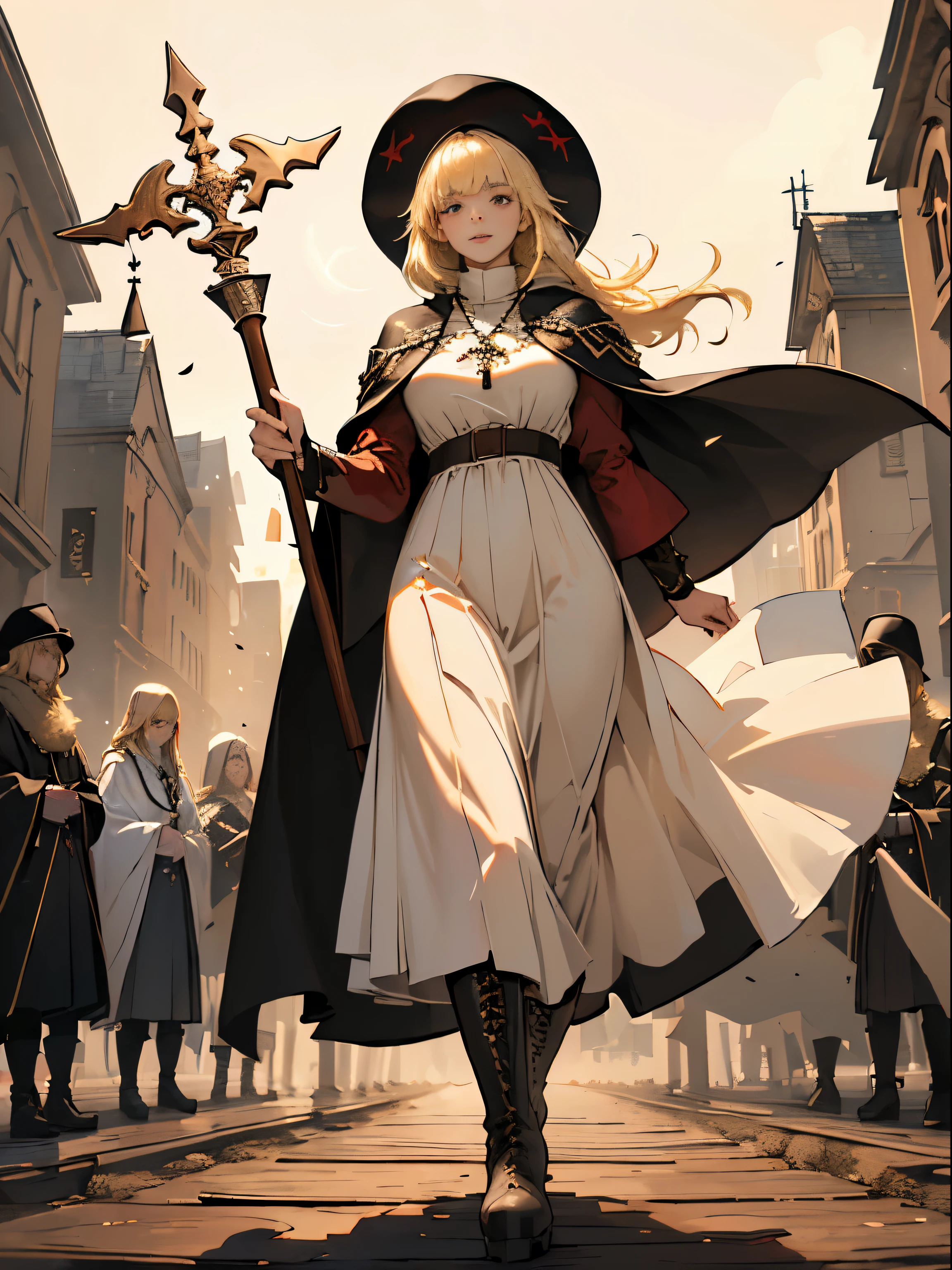 masterpiece, super detailed, 8K portrait, RAW photo, portrait photography, highly detailed face, beautiful and detailed eyes, ((fantasy)), young and beautiful, dynamic pose, kind face, smile, (((long bob blonde hair, bangs))), ((priest)), white skin color, simple and simple girl, Wooden Necklace, Clergy's hat, (((long cloak))) fluttering in the wind, (((dark dull red oversized priest tunic))), (((long skirt)), (((Low boots))), ((holding a long wooden cane)), Large shoulder bag, midday sun, surreal, body model, big breasts, beautiful breasts, long legs, in the crowd, environmental lighting, shadow details , Focus the camera on the thigh, strong wind, light fog