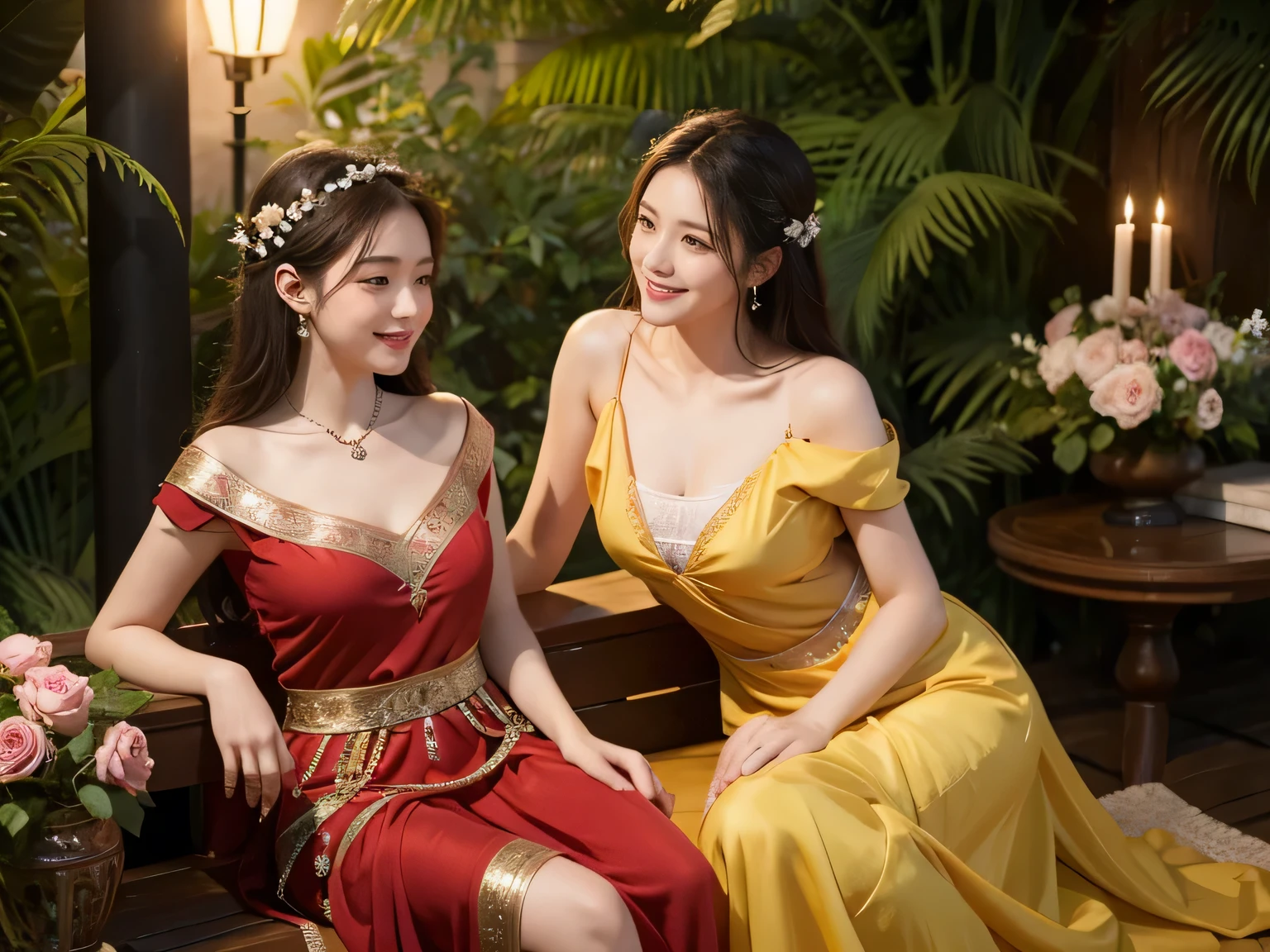 Giorgione painting style,Arguments of two female P、roses in vase、fruits、Cute trinkets、smile、ancient greek costume、Background is a forest lake at night 、Clothes that stretch your shoulders、A big smile、beautiful bare skin,Woman singing with sheet music