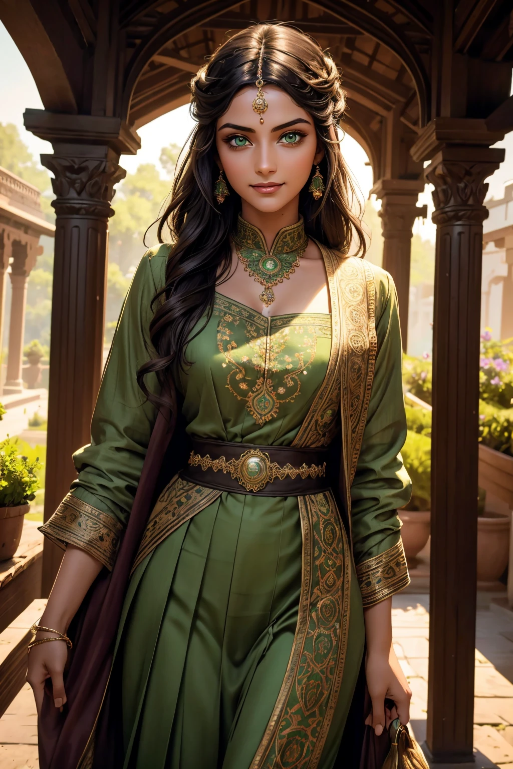 A stunning Indian beauty, with dark brown-black long wavy long hair, with mesmerizing feature with a Hopeful smiling expression, finely detailed eyes, happy mood masterpiece, top quality, best quality, official art, beautiful and aesthetic:1.2), (1girl), extreme detailed,(fractal art:1.3), colorful, highest detailed, (masterpiece, best quality:1.3) 1 bright-green-eyed woman, professional digital painting, Unreal Engine 5. In a 1920 setting, holding lavender flowers at a Lavender flower farm, wearing 1930 style clothing, South-Indian woman, olive-skinned woman, masterpiece, top quality, best quality, official art, beautiful and aesthetic:1.2), (1girl), extreme detailed,(fractal art:1.3), colorful, highest detailed, (masterpiece, best quality:1.3) 1 green-eyed woman, professional digital painting, Unreal Engine 5. Wearing embroidered Indian silk linen blouse, Wearing long pleated skirt, Wearing Moleskin Field Jacket. Long hair, hopeful expression, finely detailed eyes, smiling, epic scene, epic composition, Cinematic Lighting, Volumetric Lighting, ethereal light, intricate details, extremely detailed volumetric rays. Green Eyes. [Beautiful girl, linen shirt and pants, oil painting, Detailed facial features, Sunlight, bright colors, dramatic lighting, expressive eyes and lips, High Resolution, 4K quality, Photorealistic] 1920 clothing, 1930 clothing,
