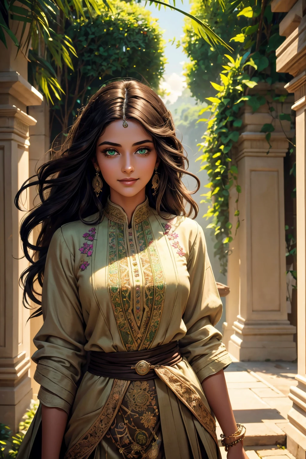 A stunning Indian beauty, with dark brown-black long wavy long hair, with mesmerizing feature with a Hopeful smiling expression, finely detailed eyes, happy mood masterpiece, top quality, best quality, official art, beautiful and aesthetic:1.2), (1girl), extreme detailed,(fractal art:1.3), colorful, highest detailed, (masterpiece, best quality:1.3) 1 bright-green-eyed woman, professional digital painting, Unreal Engine 5. In a 1920 setting, holding lavender flowers at a Lavender flower farm, wearing 1930 style clothing, South-Indian woman, olive-skinned woman, masterpiece, top quality, best quality, official art, beautiful and aesthetic:1.2), (1girl), extreme detailed,(fractal art:1.3), colorful, highest detailed, (masterpiece, best quality:1.3) 1 green-eyed woman, professional digital painting, Unreal Engine 5. Wearing embroidered Indian silk linen blouse, Wearing long pleated skirt, Wearing Moleskin Field Jacket. Long hair, hopeful expression, finely detailed eyes, smiling, epic scene, epic composition, Cinematic Lighting, Volumetric Lighting, ethereal light, intricate details, extremely detailed volumetric rays. Green Eyes. [Beautiful girl, linen shirt and pants, oil painting, Detailed facial features, Sunlight, bright colors, dramatic lighting, expressive eyes and lips, High Resolution, 4K quality, Photorealistic] 1920 clothing, 1930 clothing,

