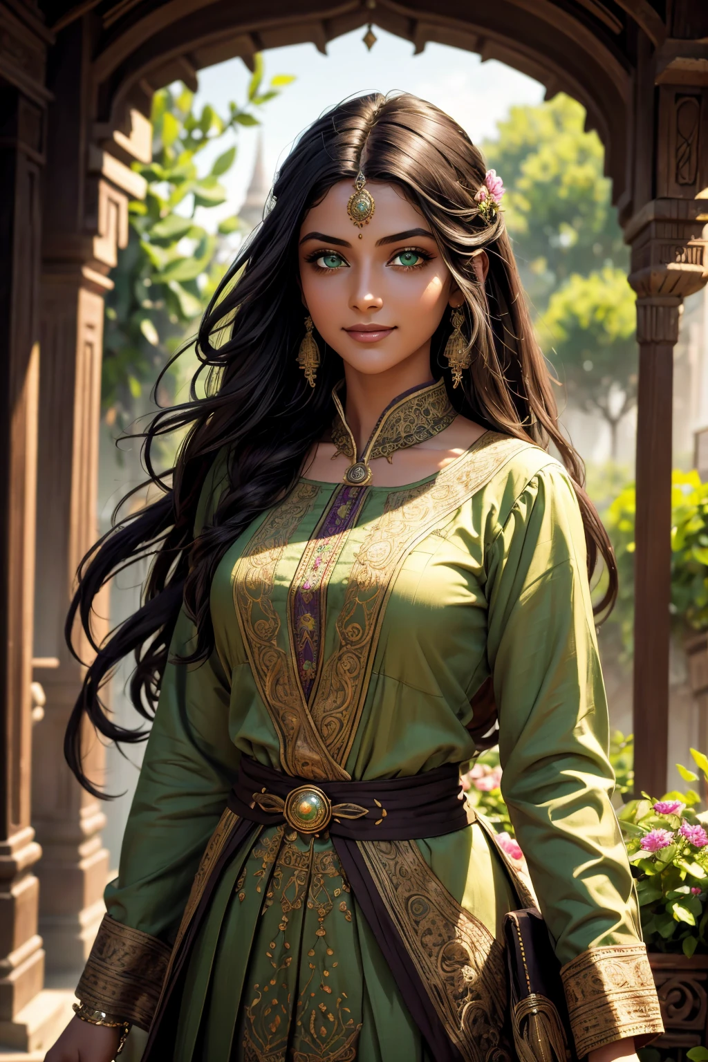 A stunning Indian beauty, with dark brown-black long wavy long hair, with mesmerizing feature with a Hopeful smiling expression, finely detailed eyes, happy mood masterpiece, top quality, best quality, official art, beautiful and aesthetic:1.2), (1girl), extreme detailed,(fractal art:1.3), colorful, highest detailed, (masterpiece, best quality:1.3) 1 bright-green-eyed woman, professional digital painting, Unreal Engine 5. In a 1920 setting, holding lavender flowers at a Lavender flower farm, wearing 1930 style clothing, South-Indian woman, olive-skinned woman, masterpiece, top quality, best quality, official art, beautiful and aesthetic:1.2), (1girl), extreme detailed,(fractal art:1.3), colorful, highest detailed, (masterpiece, best quality:1.3) 1 green-eyed woman, professional digital painting, Unreal Engine 5. Wearing embroidered Indian silk linen blouse, Wearing long pleated skirt, Wearing Moleskin Field Jacket. Long hair, hopeful expression, finely detailed eyes, smiling, epic scene, epic composition, Cinematic Lighting, Volumetric Lighting, ethereal light, intricate details, extremely detailed volumetric rays. Green Eyes. [Beautiful girl, linen shirt and pants, oil painting, Detailed facial features, Sunlight, bright colors, dramatic lighting, expressive eyes and lips, High Resolution, 4K quality, Photorealistic] 1920 clothing, 1930 clothing,
