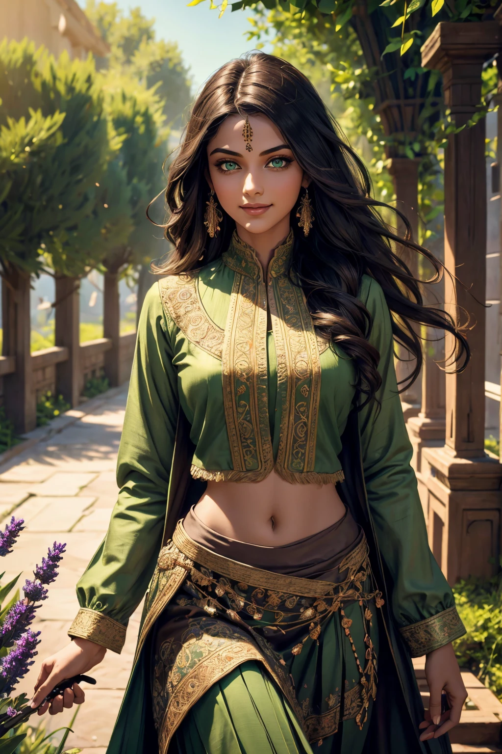 A stunning Indian beauty, with dark brown-black long wavy long hair, with mesmerizing feature with a Hopeful smiling expression, finely detailed eyes, happy mood masterpiece, top quality, best quality, official art, beautiful and aesthetic:1.2), (1girl), extreme detailed,(fractal art:1.3), colorful, highest detailed, (masterpiece, best quality:1.3) 1 bright-green-eyed woman, professional digital painting, Unreal Engine 5. In a 1920 setting, holding lavender flowers at a Lavender flower farm, wearing 1930 style clothing, South-Indian woman, olive-skinned woman, masterpiece, top quality, best quality, official art, beautiful and aesthetic:1.2), (1girl), extreme detailed,(fractal art:1.3), colorful, highest detailed, (masterpiece, best quality:1.3) 1 green-eyed woman, professional digital painting, Unreal Engine 5. Wearing embroidered Indian silk linen blouse, Wearing long pleated skirt, Wearing Moleskin Field Jacket. Long hair, hopeful expression, finely detailed eyes, smiling, epic scene, epic composition, Cinematic Lighting, Volumetric Lighting, ethereal light, intricate details, extremely detailed volumetric rays. Green Eyes. [Beautiful girl, linen shirt and pants, oil painting, Detailed facial features, Sunlight, bright colors, dramatic lighting, expressive eyes and lips, High Resolution, 4K quality, Photorealistic] 1920 clothing, 1930 clothing,
