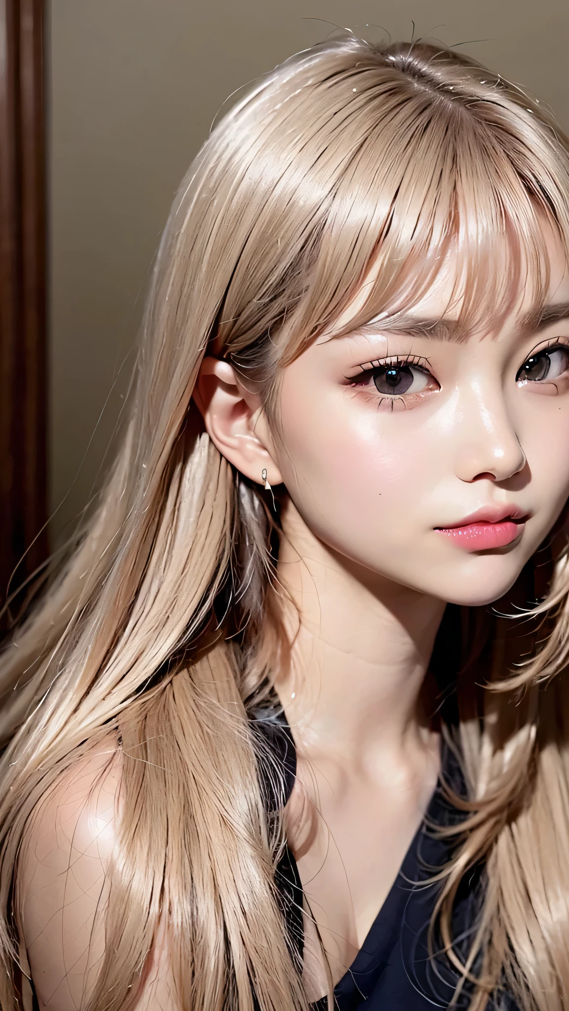 Beautiful white and shining skin、Blonde hair color that changes depending on the light、Long bangs between the eyes that obstruct the view、Shiny highlights on cheeks、Sexy and very beautiful nice gorgeous face、the most beautiful face in the world、Super long gorgeous spare blonde hair、Smooth straight hair、medium breasts、Big and bright eyes、beautiful bangs、Beautiful and cute girl、small face beauty、Cheek gloss highlights