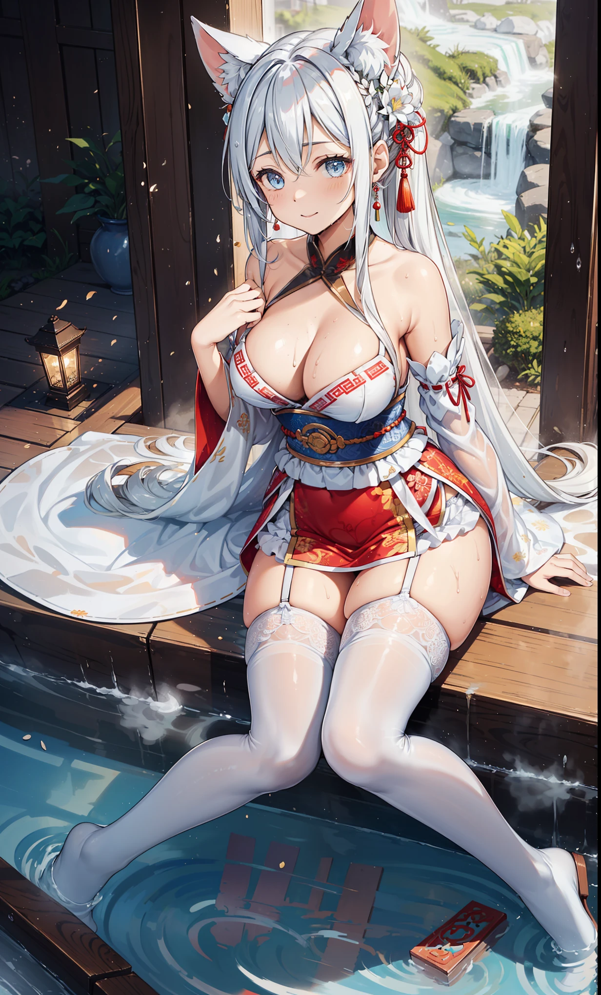 top quality,best resolution,(soaking wet的白色长旗袍),Super detailed, She has a white twin tail,20 year old young fairy,gorgeous的雕纹,Design intricate clothes,light eyes,Designer headwear,she has earrings, wealth,gorgeous,Vision,Elegant and charming,Mildly curvy figure,((Transparent white garter stockings)),((soaking wet,Adjacent to ancient Chinese hot springs,fairy world)),night,little lighting,posture