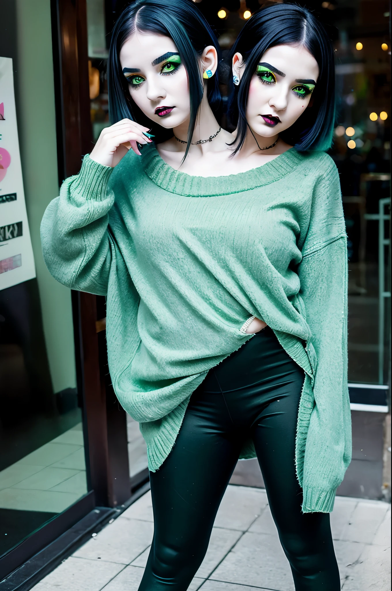 2heads, two headed girl, age 17, curvy, goth, kawaii, black hair with green streaks, pale skin, perfect makeup, baggy black sweater, black leggings,