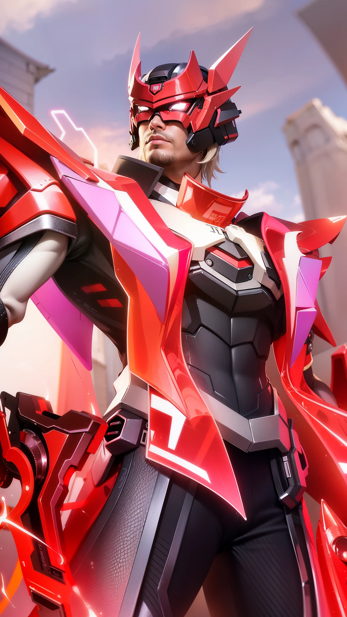 masculine male, masterpiece, best quality, (semirealism:1.9), beautiful lighting, (extremely detailed CG unity 4k fhd wallpaper), High Detail, Sharp focus, dramatic outdoors, there is a man with a gun and a woman with a gun, a close up of a person with a red and black outfit, sharp silver armor fuchsia skin, official splash art, red armor, red aura.
