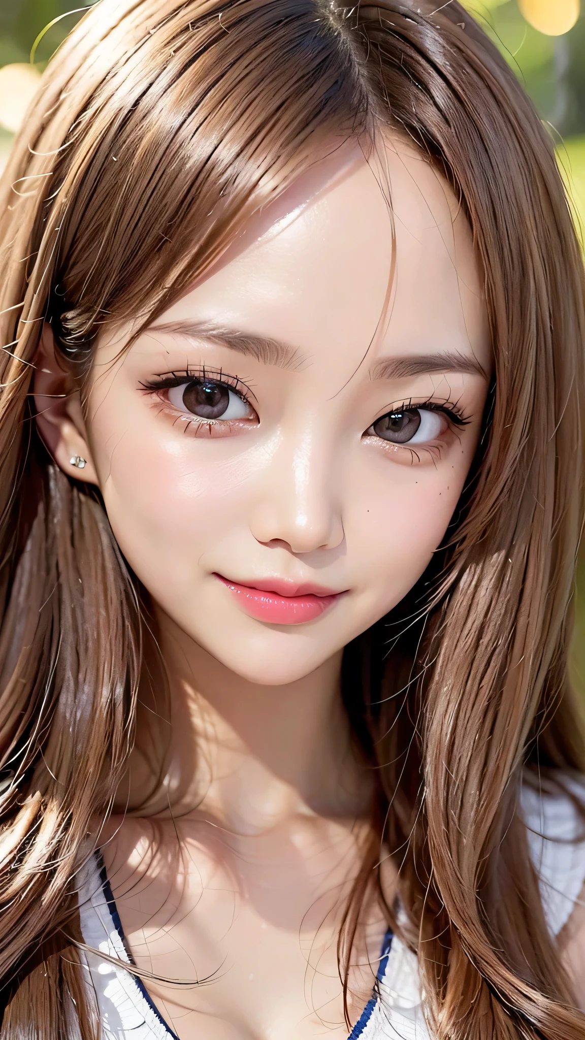 Beautiful white and shining skin、Chestnut hair color that changes depending on the light、Long bangs between the eyes that obstruct the view、Shiny highlights on cheeks、Sexy and very beautiful nice gorgeous face、the most beautiful face in the world、Super long gorgeous spare blonde hair、Smooth straight hair、medium breasts、Big and bright eyes、beautiful bangs、Beautiful and cute girl、small face beauty、Cheek gloss highlights