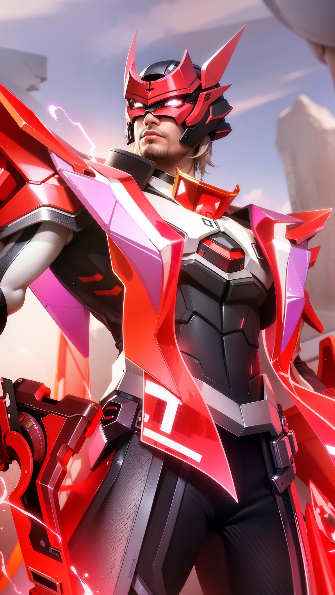 masculine male, masterpiece, best quality, (semirealism:1.9), beautiful lighting, (extremely detailed CG unity 4k fhd wallpaper), High Detail, Sharp focus, dramatic outdoors, there is a man with a gun and a woman with a gun, a close up of a person with a red and black outfit, sharp silver armor fuchsia skin, official splash art, red armor, red aura.