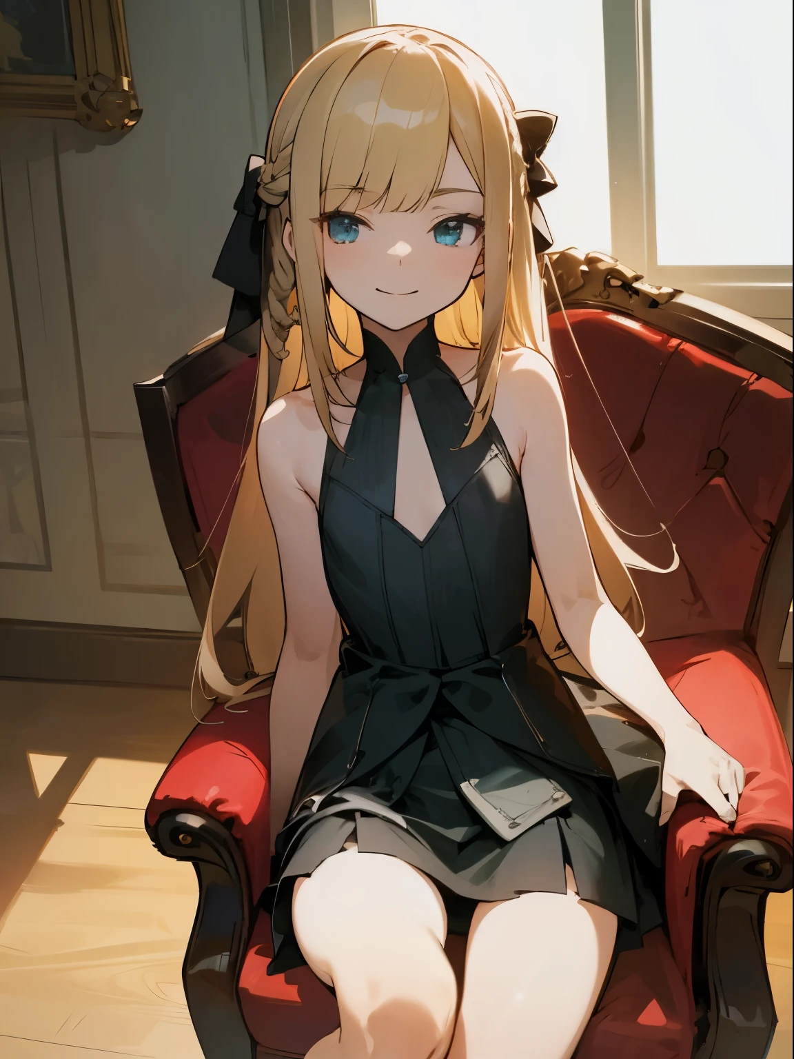 Reines, 1girl, high quality, best quality, illustration, masterpiece, (highly detailed:1.2), (extremely detailed:1.3), flat chest, sleeveless, backless, bare shoulders, young girl, mini skirt, no skirt, no pants, braid, (children:1.2), slender thighs, , in a house, sitting on chair, smiling