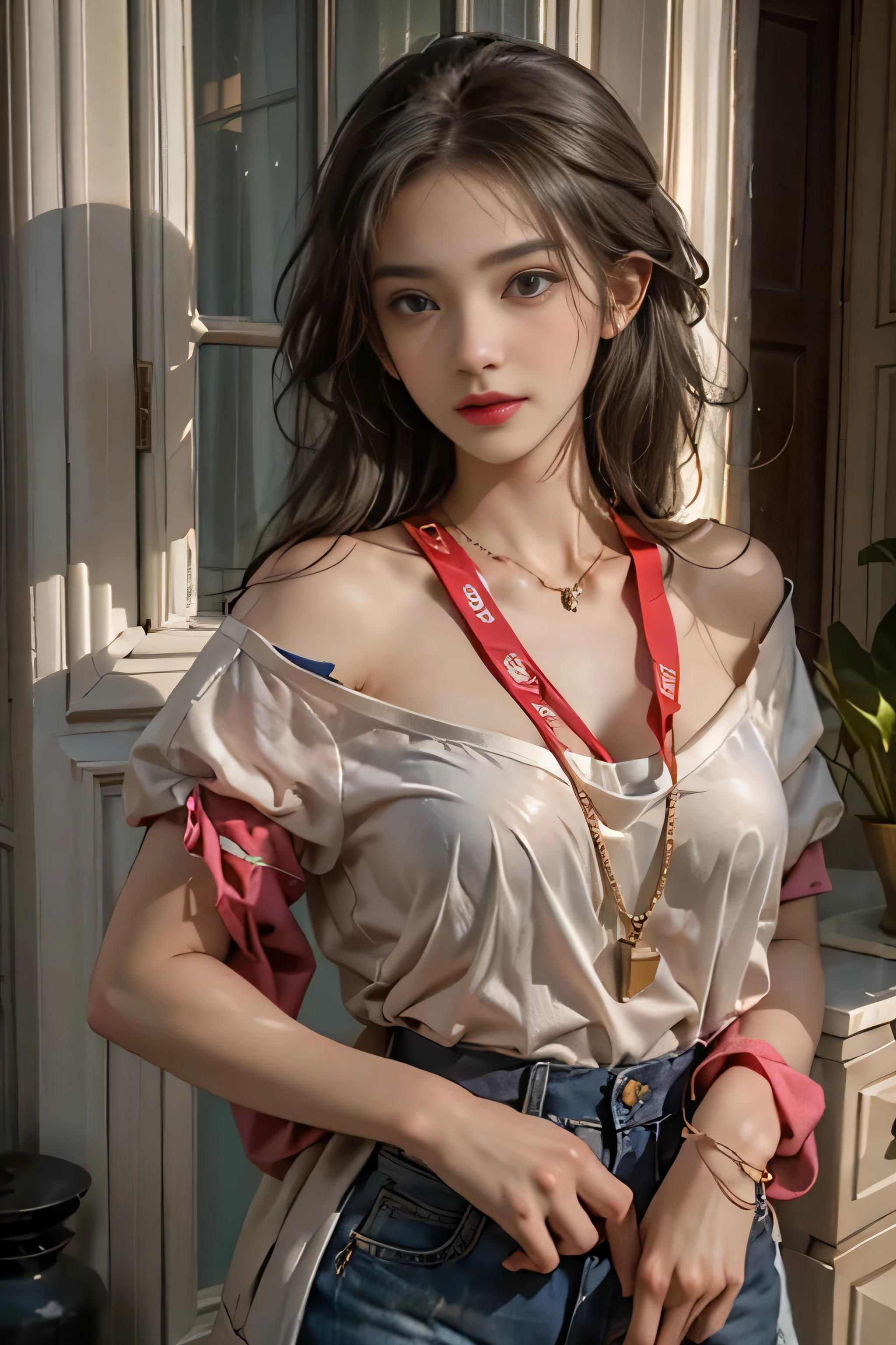 realistic, High resolution, soft light,1 female, alone, hip up, (detailed face), jewelry, streetwear, beauty model, Eyes that invite the viewer, Spouse'perspective, attractive appearance, sexy smile, perfect style, perfect balance, fine skin, naughty look, I can see your breasts