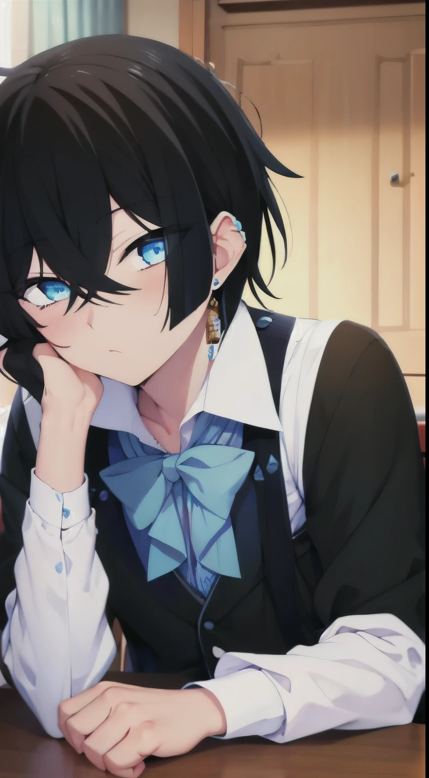 (absurdres, highres, ultra detailed, HDR), masterpiece, best quality), 1boy, vanitas, black hair, blue eyes, school uniform, night, close up photo,Looking at the viewer, ultra detail, ultra HD, masterpiece 