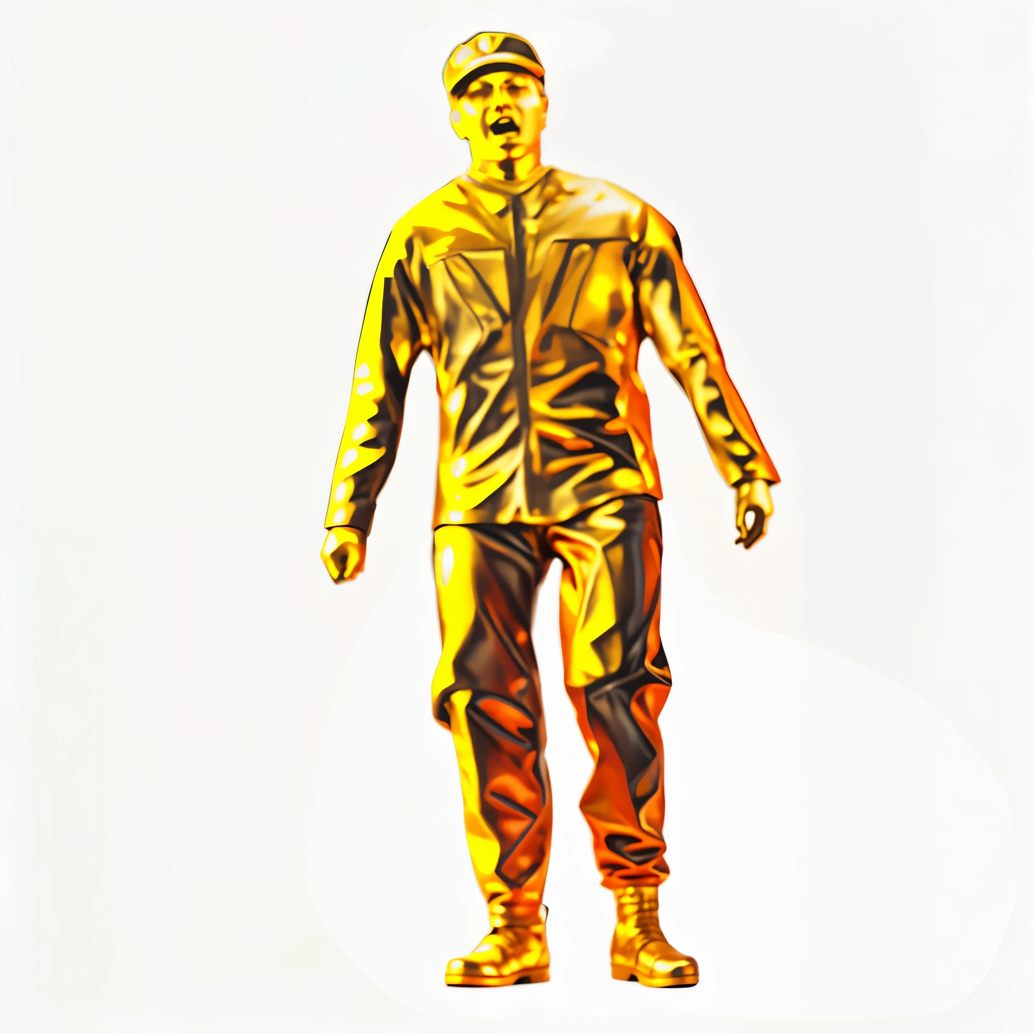 A solid gold statue of a man in a military uniform shouting in pain, metallic gold surface high details
 