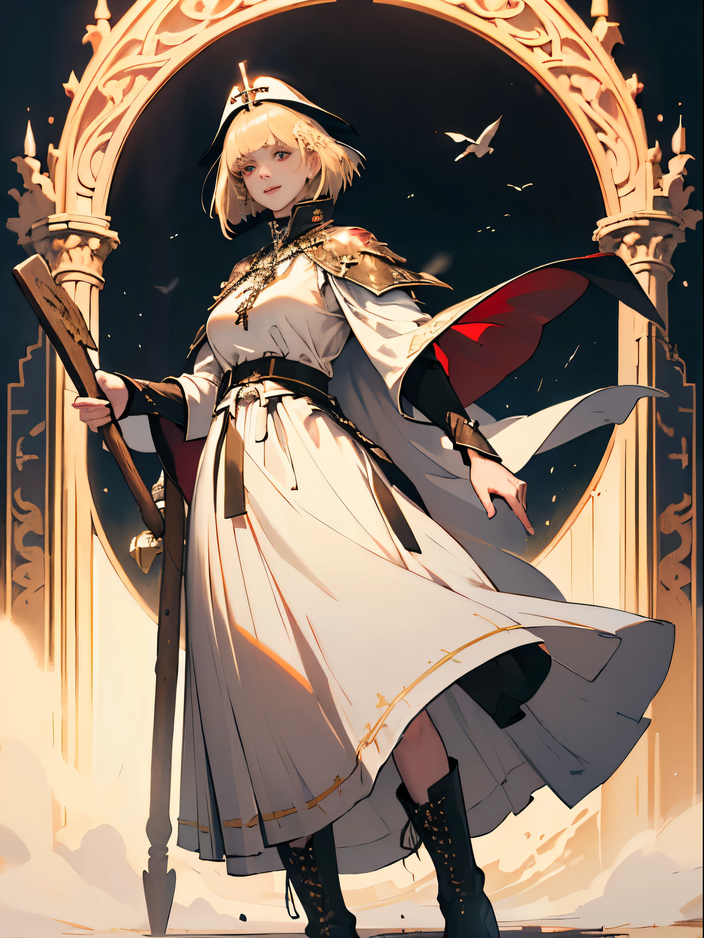 masterpiece, super detailed, 8K portrait, RAW photo, portrait photography, highly detailed face, beautiful and detailed eyes, ((fantasy)), young and beautiful, dynamic pose, kind face, smile, (((long bob blonde hair, bangs))), ((priest)), white skin color, simple and simple girl, Wooden Necklace, Clergy's hat, (((long cloak))) fluttering in the wind, (((dark dull red oversized priest tunic))), (((long skirt)), (((Low boots))), ((holding a long wooden cane)), Large shoulder bag, midday sun, surreal, body model, big breasts, beautiful breasts, long legs, in the crowd, environmental lighting, shadow details , focus the camera on the face, strong wind, light fog