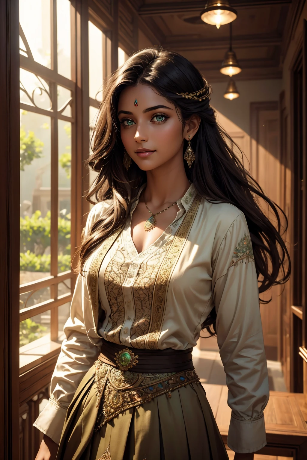 A stunning Indian beauty, with dark brown-black long wavy long hair, with mesmerizing feature with a Hopeful smiling expression, finely detailed eyes, happy mood masterpiece, top quality, best quality, official art, beautiful and aesthetic:1.2), (1girl), extreme detailed,(fractal art:1.3), colorful, highest detailed, (masterpiece, best quality:1.3) 1 bright-green-eyed woman, professional digital painting, Unreal Engine 5. In a 1920 setting, holding lavender flowers at a Lavender flower farm, wearing 1930 style clothing, South-Indian woman, olive-skinned woman, masterpiece, top quality, best quality, official art, beautiful and aesthetic:1.2), (1girl), extreme detailed,(fractal art:1.3), colorful, highest detailed, (masterpiece, best quality:1.3) 1 green-eyed woman, professional digital painting, Unreal Engine 5. Wearing embroidered Indian silk linen blouse, Wearing long pleated skirt, Wearing Moleskin Field Jacket. Long hair, hopeful expression, finely detailed eyes, smiling, epic scene, epic composition, Cinematic Lighting, Volumetric Lighting, ethereal light, intricate details, extremely detailed volumetric rays. Green Eyes. [Beautiful girl, linen shirt and pants, oil painting, Detailed facial features, Sunlight, bright colors, dramatic lighting, expressive eyes and lips, High Resolution, 4K quality, Photorealistic] 1920 clothing, 1930 clothing,

