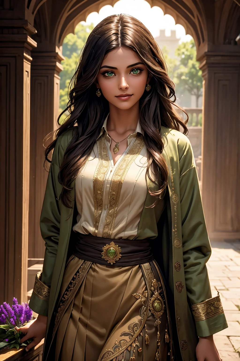 A stunning Indian beauty, with dark brown-black long wavy long hair, with mesmerizing feature with a Hopeful smiling expression, finely detailed eyes, happy mood masterpiece, top quality, best quality, official art, beautiful and aesthetic:1.2), (1girl), extreme detailed,(fractal art:1.3), colorful, highest detailed, (masterpiece, best quality:1.3) 1 bright-green-eyed woman, professional digital painting, Unreal Engine 5. In a 1920 setting, holding lavender flowers at a Lavender flower farm, wearing 1930 style clothing, South-Indian woman, olive-skinned woman, masterpiece, top quality, best quality, official art, beautiful and aesthetic:1.2), (1girl), extreme detailed,(fractal art:1.3), colorful, highest detailed, (masterpiece, best quality:1.3) 1 green-eyed woman, professional digital painting, Unreal Engine 5. Wearing embroidered Indian silk linen blouse, Wearing long pleated skirt, Wearing Moleskin Field Jacket. Long hair, hopeful expression, finely detailed eyes, smiling, epic scene, epic composition, Cinematic Lighting, Volumetric Lighting, ethereal light, intricate details, extremely detailed volumetric rays. Green Eyes. [Beautiful girl, linen shirt and pants, oil painting, Detailed facial features, Sunlight, bright colors, dramatic lighting, expressive eyes and lips, High Resolution, 4K quality, Photorealistic] 1920 clothing, 1930 clothing,

