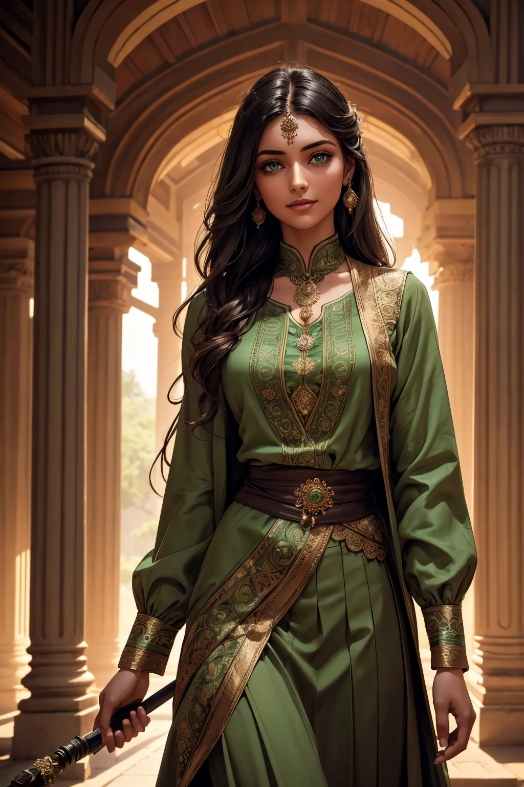 A stunning Indian beauty, with dark brown-black long wavy long hair, with mesmerizing feature with a Hopeful smiling expression, finely detailed eyes, happy mood masterpiece, top quality, best quality, official art, beautiful and aesthetic:1.2), (1girl), extreme detailed,(fractal art:1.3), colorful, highest detailed, (masterpiece, best quality:1.3) 1 bright-green-eyed woman, professional digital painting, Unreal Engine 5. In a 1920 setting, holding lavender flowers at a Lavender flower farm, wearing 1930 style clothing, South-Indian woman, olive-skinned woman, masterpiece, top quality, best quality, official art, beautiful and aesthetic:1.2), (1girl), extreme detailed,(fractal art:1.3), colorful, highest detailed, (masterpiece, best quality:1.3) 1 green-eyed woman, professional digital painting, Unreal Engine 5. Wearing embroidered Indian silk linen blouse, Wearing long pleated skirt, Wearing Moleskin Field Jacket. Long hair, hopeful expression, finely detailed eyes, smiling, epic scene, epic composition, Cinematic Lighting, Volumetric Lighting, ethereal light, intricate details, extremely detailed volumetric rays. Green Eyes. [Beautiful girl, linen shirt and pants, oil painting, Detailed facial features, Sunlight, bright colors, dramatic lighting, expressive eyes and lips, High Resolution, 4K quality, Photorealistic] 1920 clothing, 1930 clothing,
