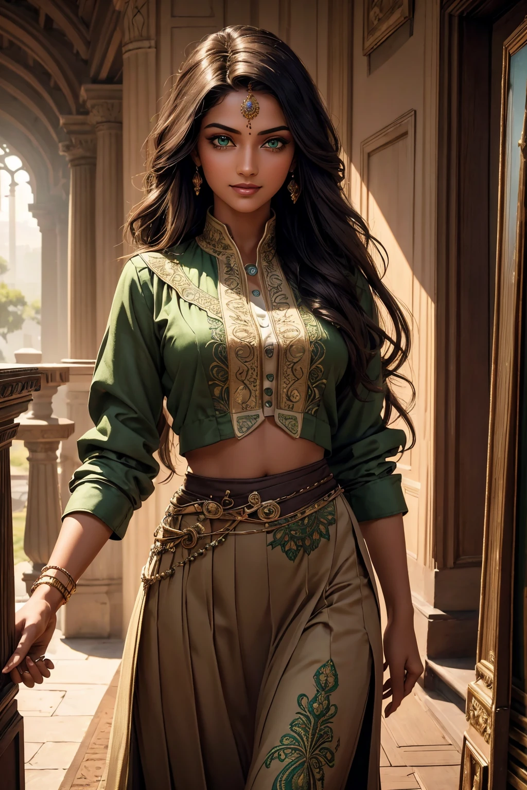 A stunning Indian beauty, with dark brown-black long wavy long hair, with mesmerizing feature with a Hopeful smiling expression, finely detailed eyes, happy mood masterpiece, top quality, best quality, official art, beautiful and aesthetic:1.2), (1girl), extreme detailed,(fractal art:1.3), colorful, highest detailed, (masterpiece, best quality:1.3) 1 bright-green-eyed woman, professional digital painting, Unreal Engine 5. In a 1920 setting, holding lavender flowers at a Lavender flower farm, wearing 1930 style clothing, South-Indian woman, olive-skinned woman, masterpiece, top quality, best quality, official art, beautiful and aesthetic:1.2), (1girl), extreme detailed,(fractal art:1.3), colorful, highest detailed, (masterpiece, best quality:1.3) 1 green-eyed woman, professional digital painting, Unreal Engine 5. Wearing embroidered Indian silk linen blouse, Wearing long pleated skirt, Wearing Moleskin Field Jacket. Long hair, hopeful expression, finely detailed eyes, smiling, epic scene, epic composition, Cinematic Lighting, Volumetric Lighting, ethereal light, intricate details, extremely detailed volumetric rays. Green Eyes. [Beautiful girl, linen shirt and pants, oil painting, Detailed facial features, Sunlight, bright colors, dramatic lighting, expressive eyes and lips, High Resolution, 4K quality, Photorealistic] 1920 clothing, 1930 clothing,
