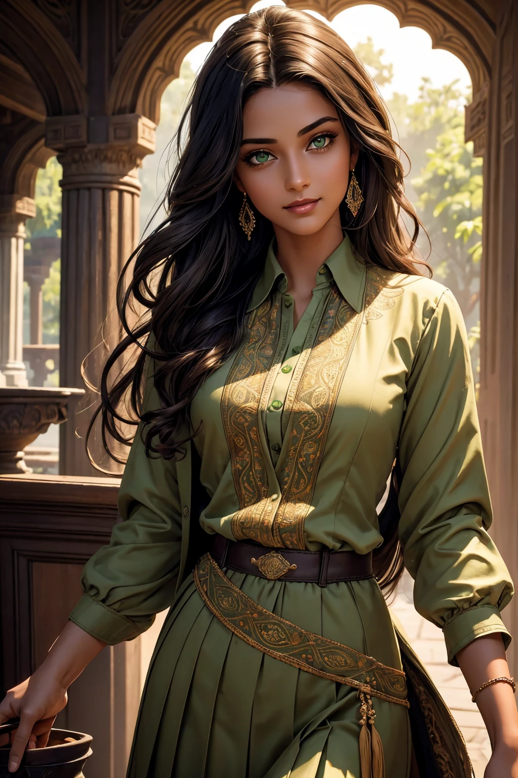 A stunning Indian beauty, with dark brown-black long wavy long hair, with mesmerizing feature with a Hopeful smiling expression, finely detailed eyes, happy mood masterpiece, top quality, best quality, official art, beautiful and aesthetic:1.2), (1girl), extreme detailed,(fractal art:1.3), colorful, highest detailed, (masterpiece, best quality:1.3) 1 bright-green-eyed woman, professional digital painting, Unreal Engine 5. In a 1920 setting, holding lavender flowers at a Lavender flower farm, wearing 1930 style clothing, South-Indian woman, olive-skinned woman, masterpiece, top quality, best quality, official art, beautiful and aesthetic:1.2), (1girl), extreme detailed,(fractal art:1.3), colorful, highest detailed, (masterpiece, best quality:1.3) 1 green-eyed woman, professional digital painting, Unreal Engine 5. Wearing embroidered Indian silk linen blouse, Wearing long pleated skirt, Wearing Moleskin Field Jacket. Long hair, hopeful expression, finely detailed eyes, smiling, epic scene, epic composition, Cinematic Lighting, Volumetric Lighting, ethereal light, intricate details, extremely detailed volumetric rays. Green Eyes. [Beautiful girl, linen shirt and pants, oil painting, Detailed facial features, Sunlight, bright colors, dramatic lighting, expressive eyes and lips, High Resolution, 4K quality, Photorealistic] 1920 clothing, 1930 clothing,
