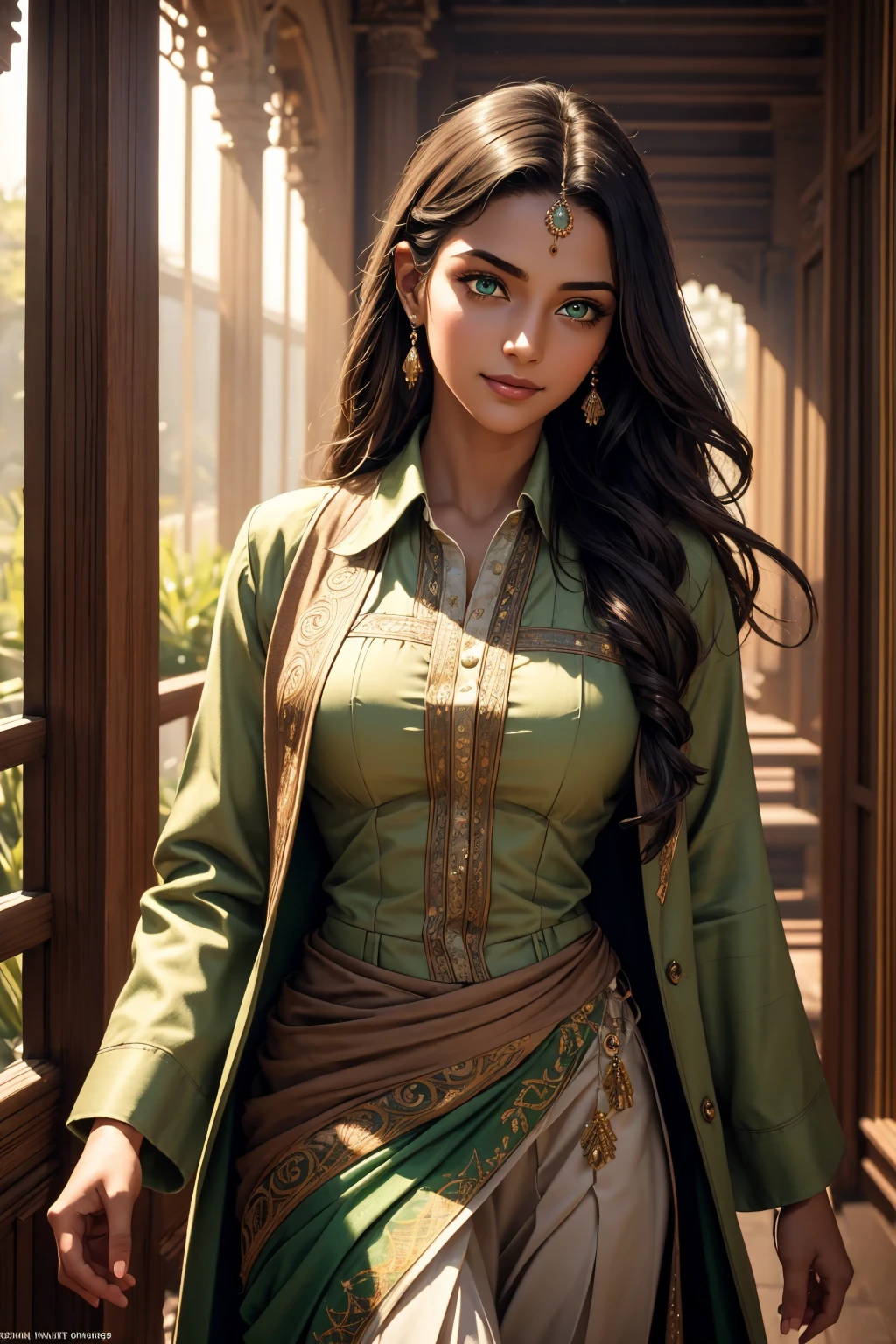 A stunning Indian beauty, with dark brown-black long wavy long hair, with mesmerizing feature with a Hopeful smiling expression, finely detailed eyes, happy mood masterpiece, top quality, best quality, official art, beautiful and aesthetic:1.2), (1girl), extreme detailed,(fractal art:1.3), colorful, highest detailed, (masterpiece, best quality:1.3) 1 bright-green-eyed woman, professional digital painting, Unreal Engine 5. In a 1920 setting, holding lavender flowers at a Lavender flower farm, wearing 1930 style clothing, South-Indian woman, olive-skinned woman, masterpiece, top quality, best quality, official art, beautiful and aesthetic:1.2), (1girl), extreme detailed,(fractal art:1.3), colorful, highest detailed, (masterpiece, best quality:1.3) 1 green-eyed woman, professional digital painting, Unreal Engine 5. Wearing embroidered Indian silk linen blouse, Wearing long pleated skirt, Wearing Moleskin Field Jacket. Long hair, hopeful expression, finely detailed eyes, smiling, epic scene, epic composition, Cinematic Lighting, Volumetric Lighting, ethereal light, intricate details, extremely detailed volumetric rays. Green Eyes. [Beautiful girl, linen shirt and pants, oil painting, Detailed facial features, Sunlight, bright colors, dramatic lighting, expressive eyes and lips, High Resolution, 4K quality, Photorealistic] 1920 clothing, 1930 clothing,
