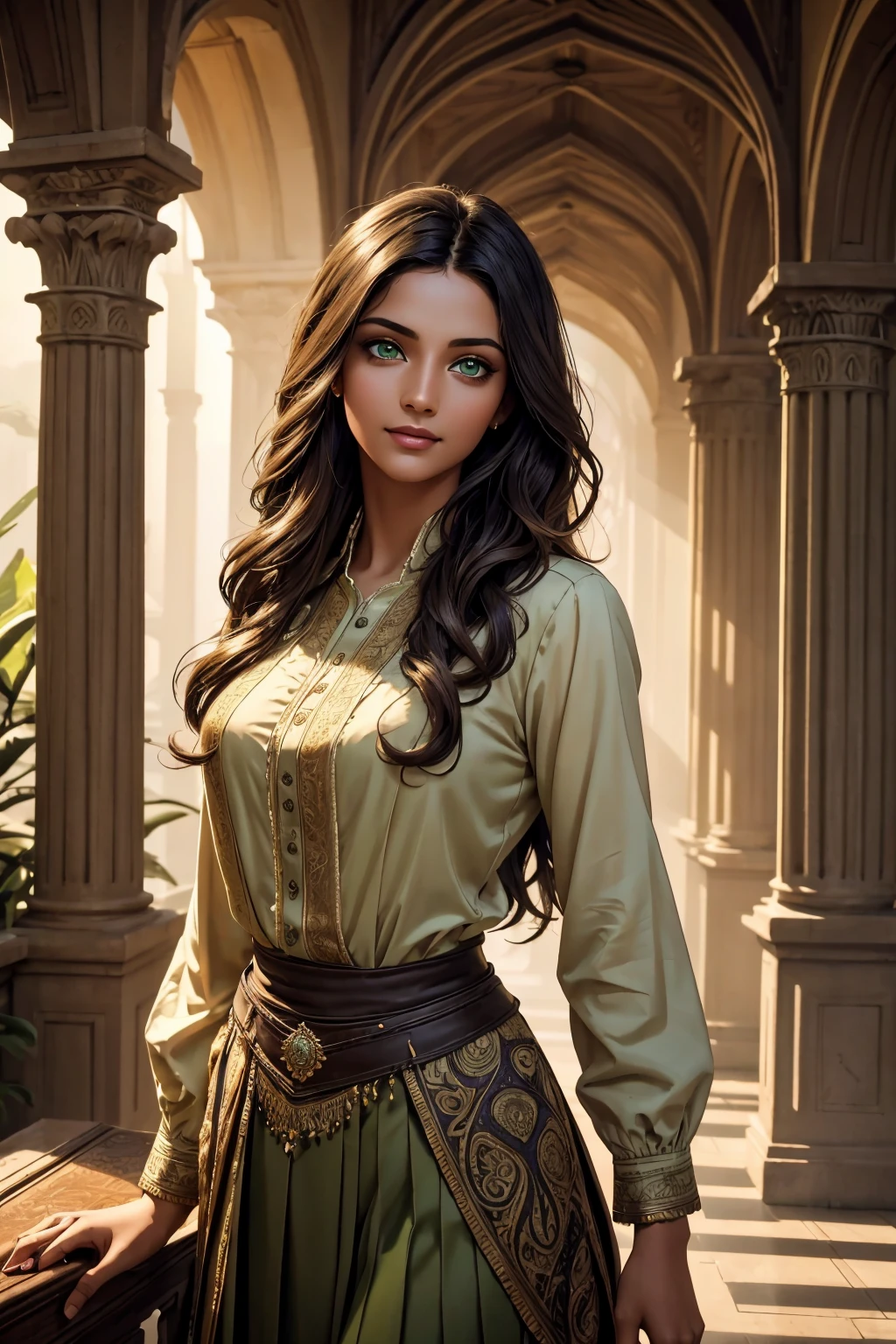A stunning Indian beauty, with dark brown-black long wavy long hair, with mesmerizing feature with a Hopeful smiling expression, finely detailed eyes, happy mood masterpiece, top quality, best quality, official art, beautiful and aesthetic:1.2), (1girl), extreme detailed,(fractal art:1.3), colorful, highest detailed, (masterpiece, best quality:1.3) 1 bright-green-eyed woman, professional digital painting, Unreal Engine 5. In a 1920 setting, holding lavender flowers at a Lavender flower farm, wearing 1930 style clothing, South-Indian woman, olive-skinned woman, masterpiece, top quality, best quality, official art, beautiful and aesthetic:1.2), (1girl), extreme detailed,(fractal art:1.3), colorful, highest detailed, (masterpiece, best quality:1.3) 1 green-eyed woman, professional digital painting, Unreal Engine 5. Wearing embroidered Indian silk linen blouse, Wearing long pleated skirt, Wearing Moleskin Field Jacket. Long hair, hopeful expression, finely detailed eyes, smiling, epic scene, epic composition, Cinematic Lighting, Volumetric Lighting, ethereal light, intricate details, extremely detailed volumetric rays. Green Eyes. [Beautiful girl, linen shirt and pants, oil painting, Detailed facial features, Sunlight, bright colors, dramatic lighting, expressive eyes and lips, High Resolution, 4K quality, Photorealistic] 1920 clothing, 1930 clothing,
