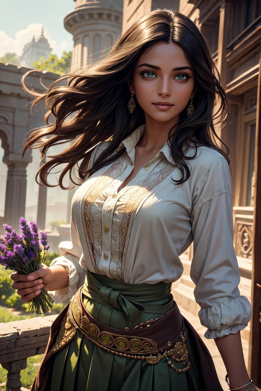 A stunning Indian beauty, with dark brown-black long wavy long hair, with mesmerizing feature with a Hopeful smiling expression, finely detailed eyes, happy mood masterpiece, top quality, best quality, official art, beautiful and aesthetic:1.2), (1girl), extreme detailed,(fractal art:1.3), colorful, highest detailed, (masterpiece, best quality:1.3) 1 bright-green-eyed woman, professional digital painting, Unreal Engine 5. In a 1920 setting, holding lavender flowers at a Lavender flower farm, wearing 1930 style clothing, South-Indian woman, olive-skinned woman, masterpiece, top quality, best quality, official art, beautiful and aesthetic:1.2), (1girl), extreme detailed,(fractal art:1.3), colorful, highest detailed, (masterpiece, best quality:1.3) 1 green-eyed woman, professional digital painting, Unreal Engine 5. Wearing embroidered Indian silk linen blouse, Wearing long pleated skirt, Wearing Moleskin Field Jacket. Long hair, hopeful expression, finely detailed eyes, smiling, epic scene, epic composition, Cinematic Lighting, Volumetric Lighting, ethereal light, intricate details, extremely detailed volumetric rays. Green Eyes. [Beautiful girl, linen shirt and pants, oil painting, Detailed facial features, Sunlight, bright colors, dramatic lighting, expressive eyes and lips, High Resolution, 4K quality, Photorealistic] 1920 clothing, 1930 clothing,
