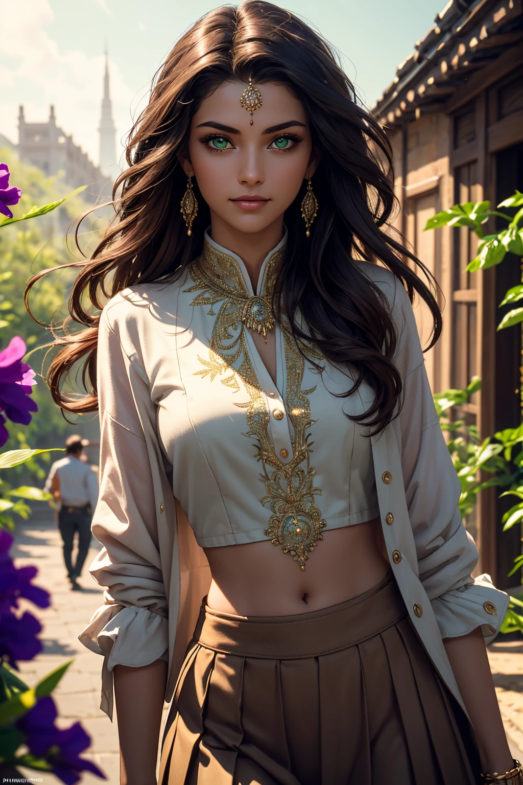 A stunning Indian beauty, with dark brown-black long wavy long hair, with mesmerizing feature with a Hopeful smiling expression, finely detailed eyes, happy mood masterpiece, top quality, best quality, official art, beautiful and aesthetic:1.2), (1girl), extreme detailed,(fractal art:1.3), colorful, highest detailed, (masterpiece, best quality:1.3) 1 bright-green-eyed woman, professional digital painting, Unreal Engine 5. In a 1920 setting, holding lavender flowers at a Lavender flower farm, wearing 1930 style clothing, South-Indian woman, olive-skinned woman, masterpiece, top quality, best quality, official art, beautiful and aesthetic:1.2), (1girl), extreme detailed,(fractal art:1.3), colorful, highest detailed, (masterpiece, best quality:1.3) 1 green-eyed woman, professional digital painting, Unreal Engine 5. Wearing embroidered Indian silk linen blouse, Wearing long pleated skirt, Wearing Moleskin Field Jacket. Long hair, hopeful expression, finely detailed eyes, smiling, epic scene, epic composition, Cinematic Lighting, Volumetric Lighting, ethereal light, intricate details, extremely detailed volumetric rays. Green Eyes. [Beautiful girl, linen shirt and pants, oil painting, Detailed facial features, Sunlight, bright colors, dramatic lighting, expressive eyes and lips, High Resolution, 4K quality, Photorealistic] 1920 clothing, 1930 clothing,
