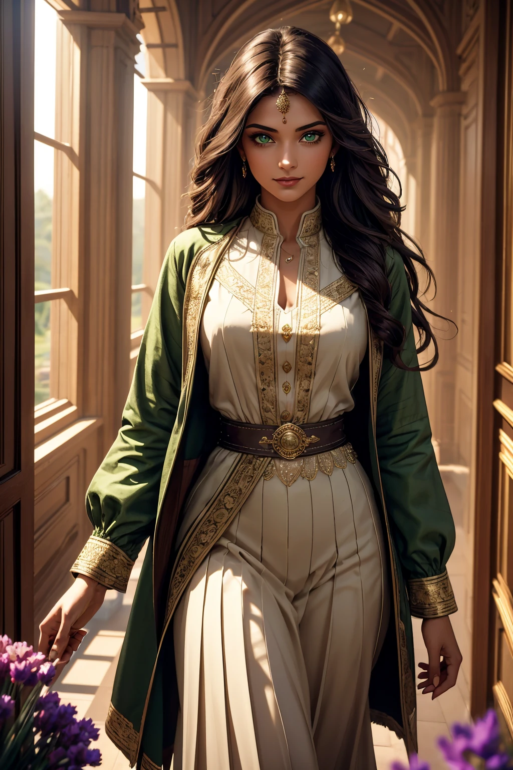A stunning Indian beauty, with dark brown-black long wavy long hair, with mesmerizing feature with a Hopeful smiling expression, finely detailed eyes, happy mood masterpiece, top quality, best quality, official art, beautiful and aesthetic:1.2), (1girl), extreme detailed,(fractal art:1.3), colorful, highest detailed, (masterpiece, best quality:1.3) 1 bright-green-eyed woman, professional digital painting, Unreal Engine 5. In a 1920 setting, holding lavender flowers at a Lavender flower farm, wearing 1930 style clothing, South-Indian woman, olive-skinned woman, masterpiece, top quality, best quality, official art, beautiful and aesthetic:1.2), (1girl), extreme detailed,(fractal art:1.3), colorful, highest detailed, (masterpiece, best quality:1.3) 1 green-eyed woman, professional digital painting, Unreal Engine 5. Wearing embroidered Indian silk linen blouse, Wearing long pleated skirt, Wearing Moleskin Field Jacket. Long hair, hopeful expression, finely detailed eyes, smiling, epic scene, epic composition, Cinematic Lighting, Volumetric Lighting, ethereal light, intricate details, extremely detailed volumetric rays. Green Eyes. [Beautiful girl, linen shirt and pants, oil painting, Detailed facial features, Sunlight, bright colors, dramatic lighting, expressive eyes and lips, High Resolution, 4K quality, Photorealistic] 1920 clothing, 1930 clothing,
