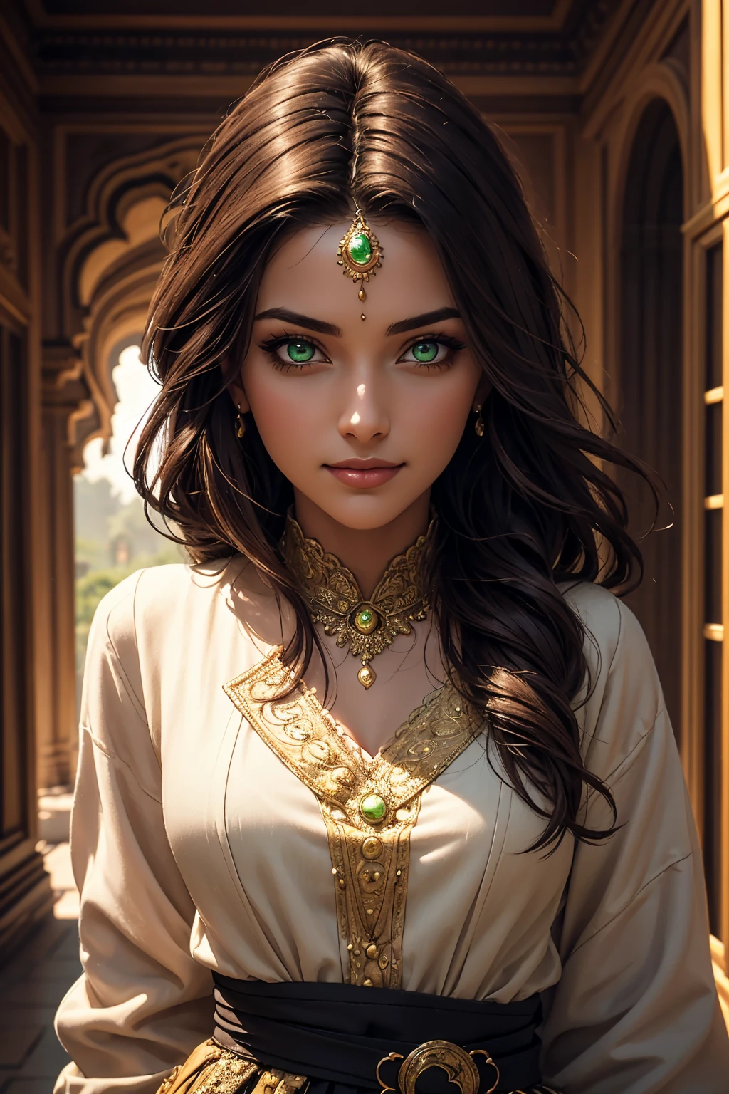 A stunning Indian beauty, with dark brown-black long wavy long hair, with mesmerizing feature with a Hopeful smiling expression, finely detailed eyes, happy mood masterpiece, top quality, best quality, official art, beautiful and aesthetic:1.2), (1girl), extreme detailed,(fractal art:1.3), colorful, highest detailed, (masterpiece, best quality:1.3) 1 bright-green-eyed woman, professional digital painting, Unreal Engine 5. In a 1920 setting, holding lavender flowers at a Lavender flower farm, wearing 1930 style clothing, South-Indian woman, olive-skinned woman, masterpiece, top quality, best quality, official art, beautiful and aesthetic:1.2), (1girl), extreme detailed,(fractal art:1.3), colorful, highest detailed, (masterpiece, best quality:1.3) 1 green-eyed woman, professional digital painting, Unreal Engine 5. Wearing embroidered linen blouse, Wearing long pleated skirt, Wearing Moleskin Field Jacket. Long hair, hopeful expression, finely detailed eyes, smiling, epic scene, epic composition, Cinematic Lighting, Volumetric Lighting, ethereal light, intricate details, extremely detailed volumetric rays. Green Eyes. [Beautiful girl, linen shirt and pants, oil painting, Detailed facial features, Sunlight, bright colors, dramatic lighting, expressive eyes and lips, High Resolution, 4K quality, Photorealistic] 1920 clothing, 1930 clothing, red, orange, yellow, blue, purple, pink,
