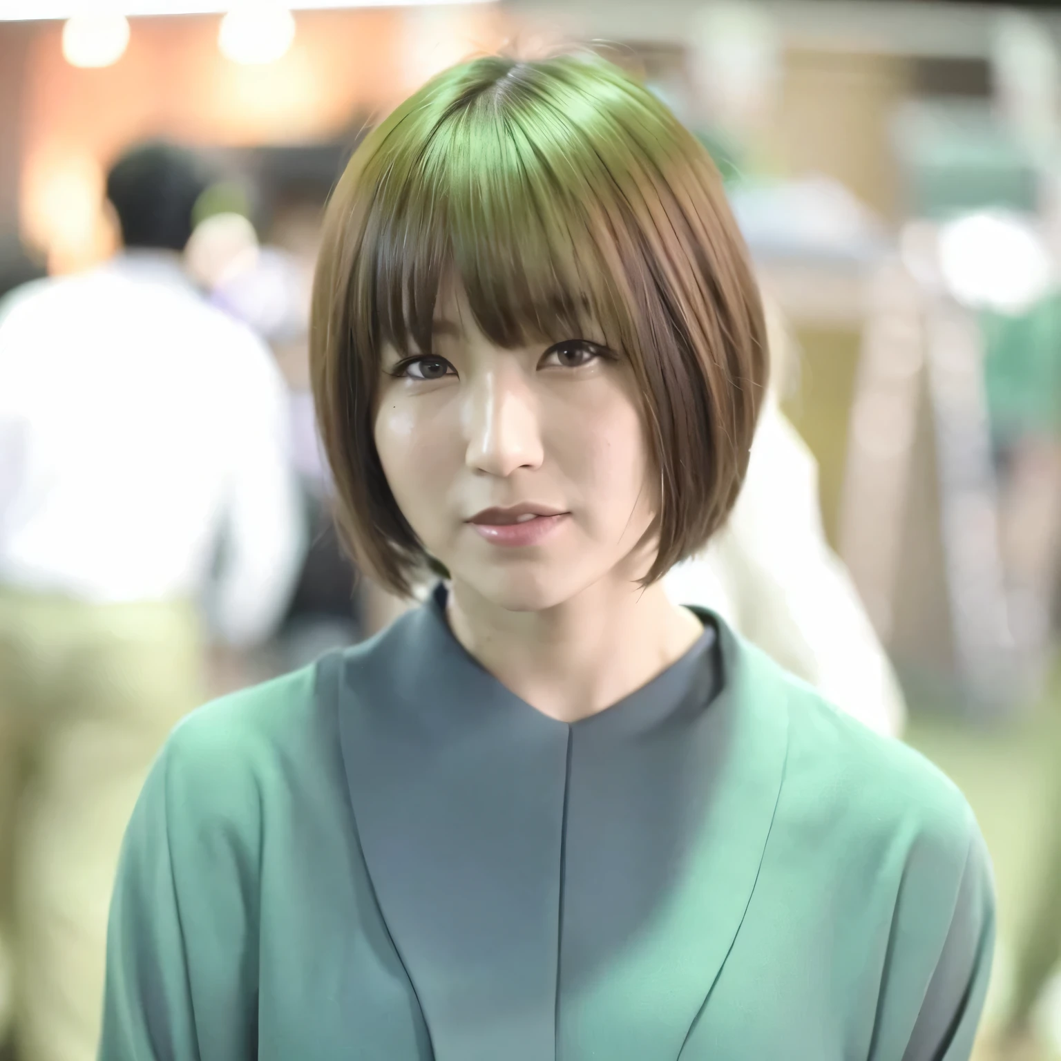 An arafe woman wearing a green shirt and green tie, with short hair, green short bob cut, Chiho, with a bob cut, More of Iwakura, sayori, princess cut, with short hair with bangs, Yoshitomo Nara, iwakura lain, yuuka kazami, 白princess cutの髪型