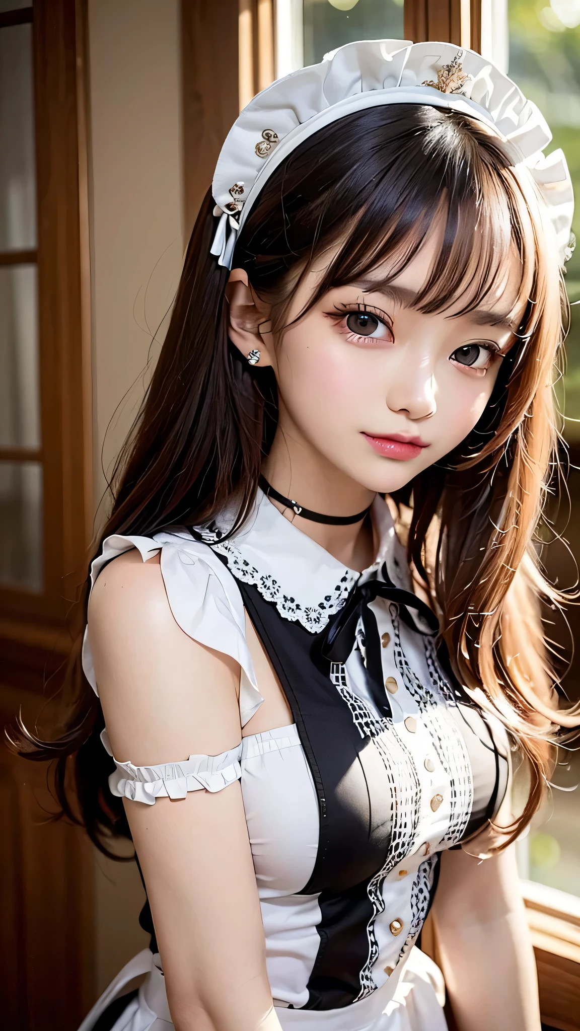 Beautiful white and shining skin、Chestnut hair that changes depending on the light、Long bangs between the eyes that obstruct the view、Cheek gloss highlights、Sexy and very beautiful nice gorgeous face、the most beautiful face in the world、short bob、Smooth straight hair、medium breasts、Big and bright eyey eyes are shining、beautiful bangs、Beautiful and beautiful woman、small face beauty、headdress、white blouse、black ribbon、ruffle skirt、puff sleeves、collar、choker、white apron with fine frills、black maid costume、