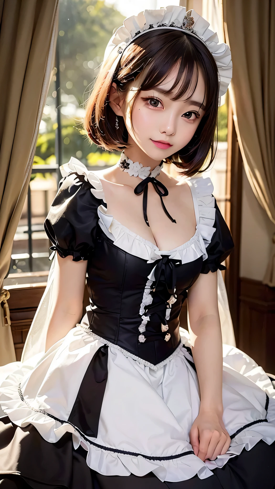 Beautiful white and shining skin、Chestnut hair that changes depending on the light、Long bangs between the eyes that obstruct the view、Cheek gloss highlights、Sexy and very beautiful nice gorgeous face、the most beautiful face in the world、short bob、Smooth straight hair、medium breasts、Big and bright eyey eyes are shining、beautiful bangs、Beautiful and beautiful woman、small face beauty、headdress、white blouse、black ribbon、ruffle skirt、puff sleeves、collar、choker、white apron with fine frills、black maid costume、