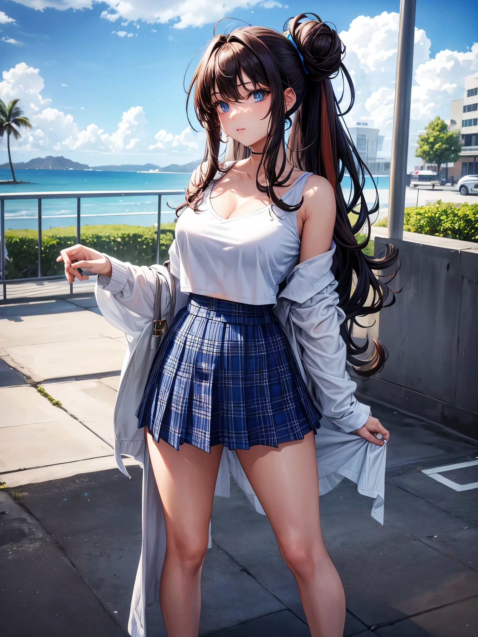 8K, Attractive, intensely detailed, 20 Year Old Girl, sexy and attractive woman with dark, brown curly long hair with colored strands. Messy side bun, bright colored strand in hair, She has beautiful sky-blue eyes with a heart inside. She is dressed in white, revealing v neck tight crop top shirt. Big She is wearing a blue plaid mini skirt. She is in various seductive poses Full body shot head to toe looking at viewer