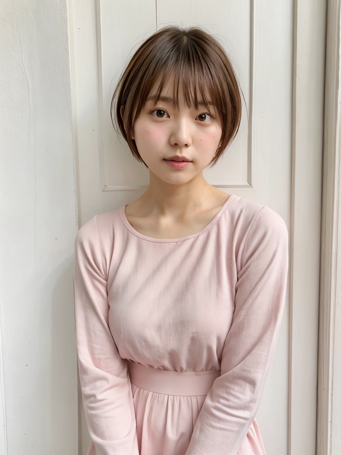 table top、japanese woman、RAW photo (30 year old girl),pink long sleeve dress,realistic skin, (high detail skin:1.2),Taken in front of the white door,spring colors,realistic, film grain,bright colors,beautiful face,soft natural light、shortcut、short hair