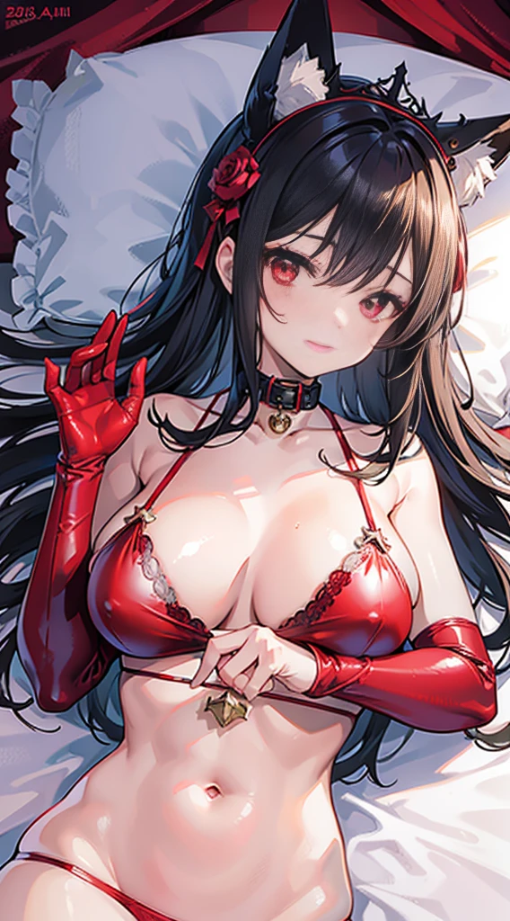 high quality, masterpiece, Super detailed, 1 girl,  and its detailed face, Christmas red lace latex bikini，red gloves，Red Christmas stockings，red lantern，red christmas carpet，Maid tiara，BDSM,handcuffs，collar，calm expression,Smile，handcuffs，collar，long black hair, charming pink eyes, fox ears, Ridiculously big, shiny skin, Lying in bed，Cover your chest with your hands，Bright Christmas decorated room