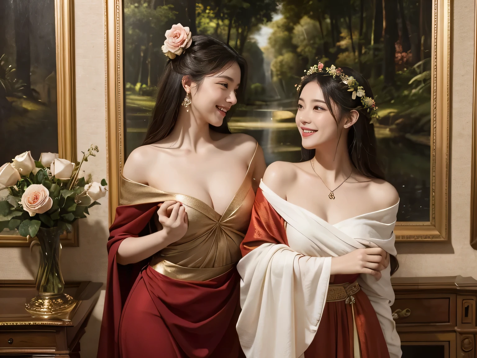 Giorgione painting style,Arguments of two female P、roses in vase、fruits、Cute trinkets、smile、ancient greek costume、Background is a forest lake at night 、Clothes that stretch your shoulders、A big smile、beautiful bare skin,Woman singing with sheet music