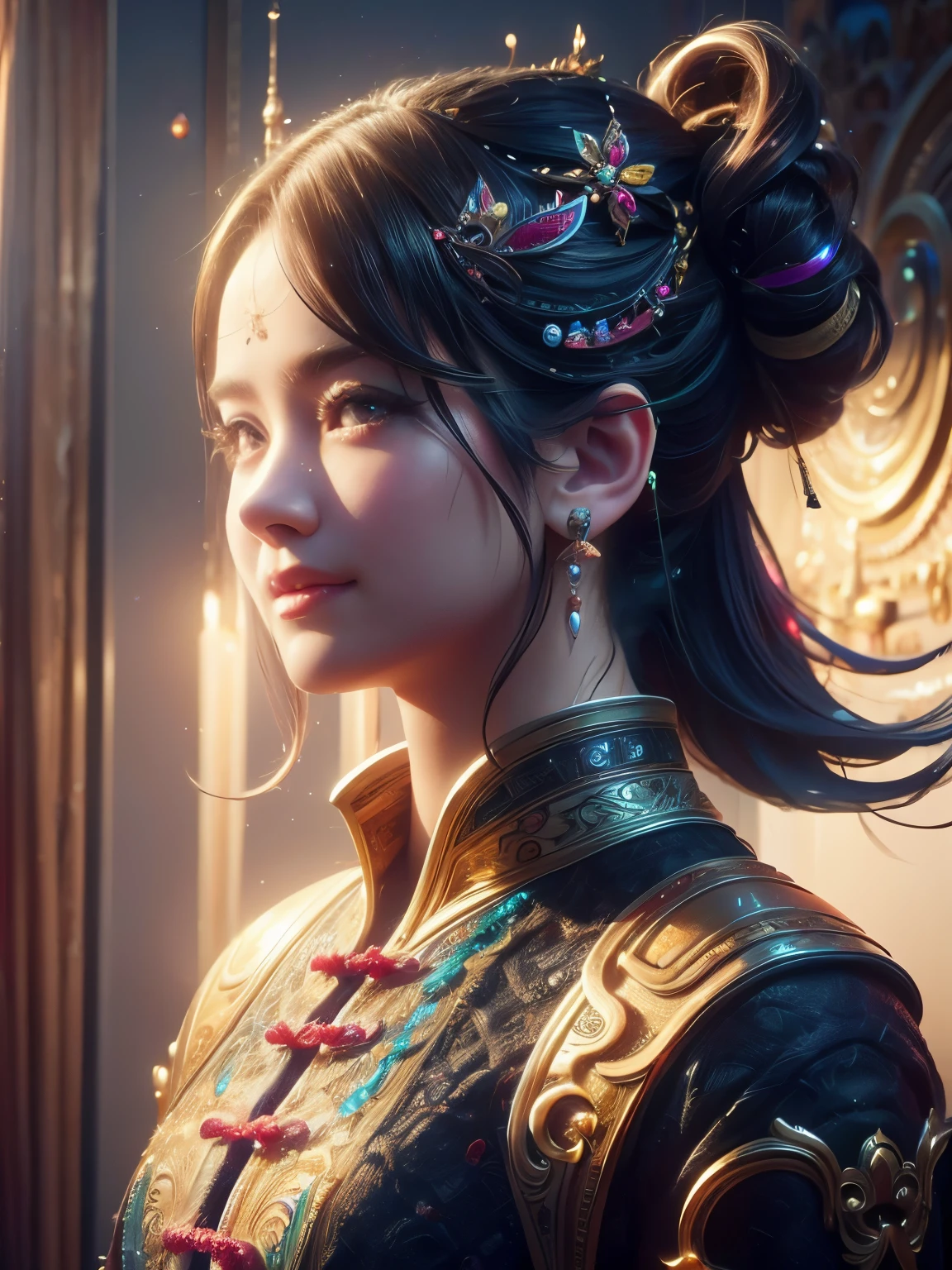 1girl with a big smile in hyper-realistic Chinese portrait style, upper body focus, detailed shading and lighting, by Li Shuxing and Peikang Chen, high resolution, Studio Gobo Render, 4k