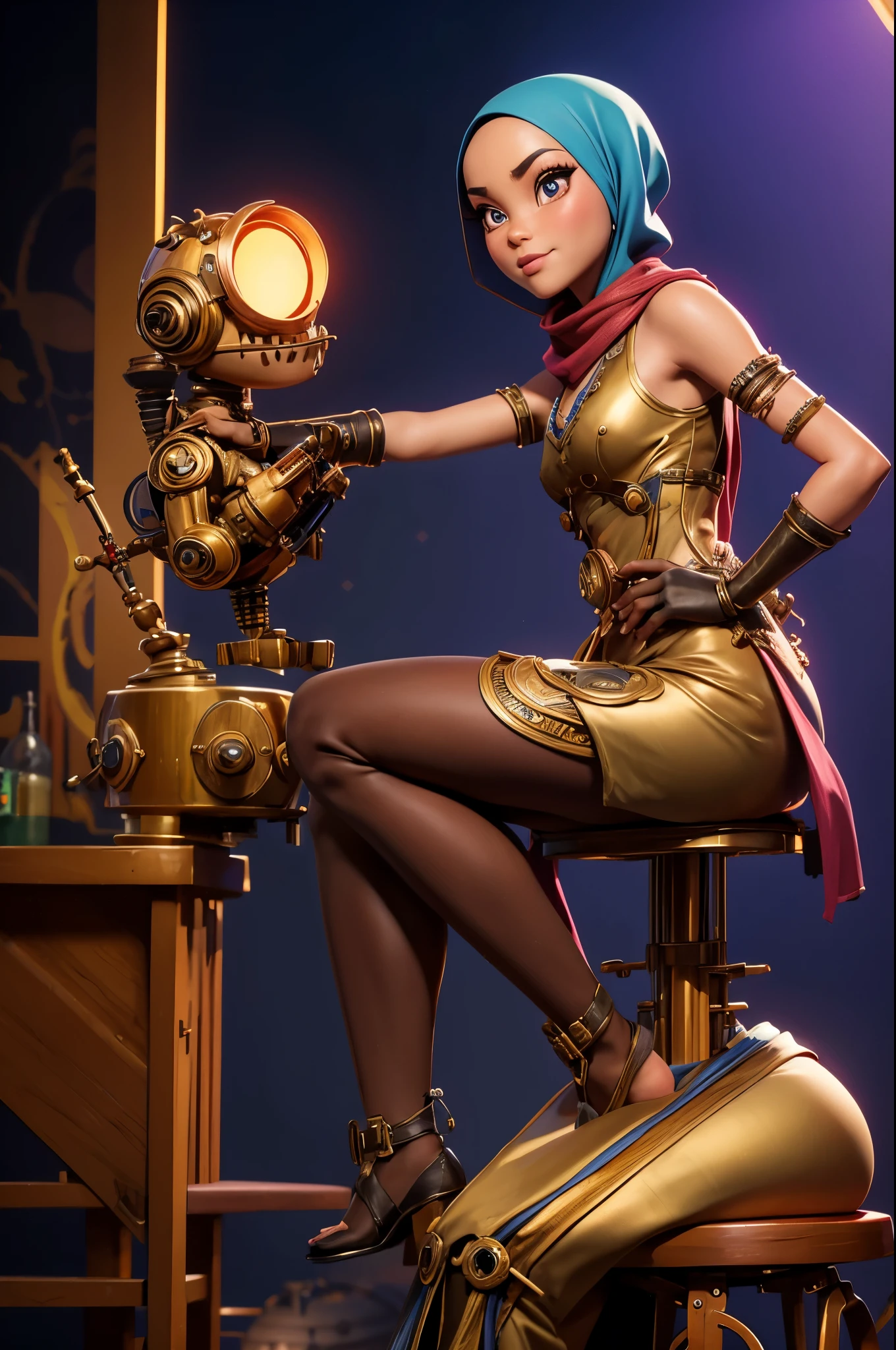 Sitting on a stool on a stage is a obviously steam punk mechanical puppet of a Malaysian woman, she has back lit eyes, a colorful Hijab (no hair showing) and a matching dress.