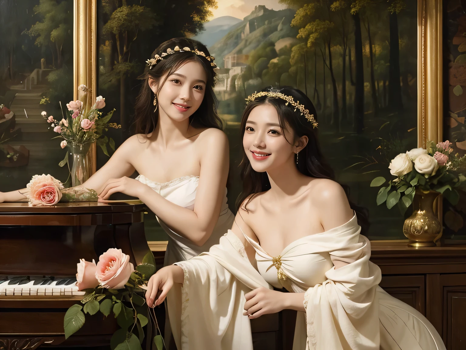 Giorgione painting style,Arguments of two female P、roses in vase、fruits、Cute trinkets、smile、ancient greek costume、Background is a forest lake at night 、Clothes that stretch your shoulders、A big smile、beautiful bare skin,Woman singing with sheet music